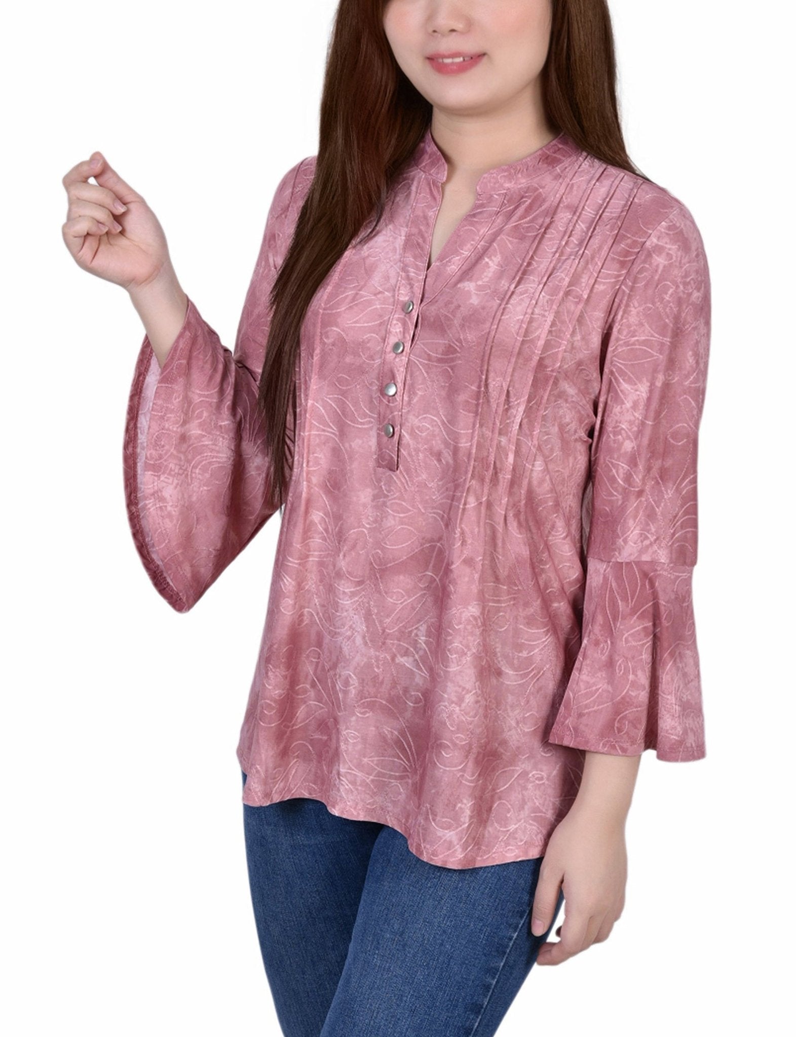 Mauve Tie Dye 3/4 Bell Sleeve Pleat Front Y Neck Top - Petite - DressbarnBlouses