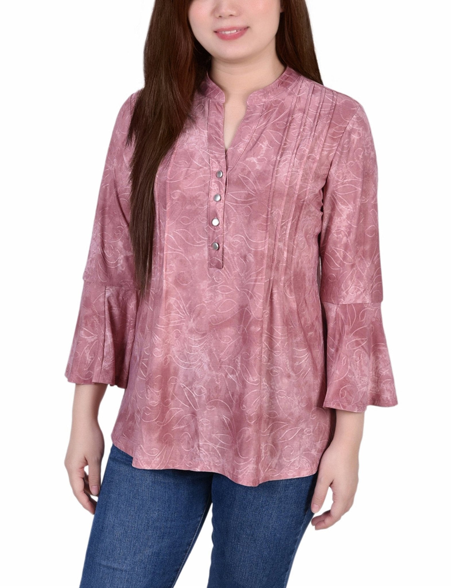 Mauve Tie Dye 3/4 Bell Sleeve Pleat Front Y Neck Top - Petite - DressbarnBlouses