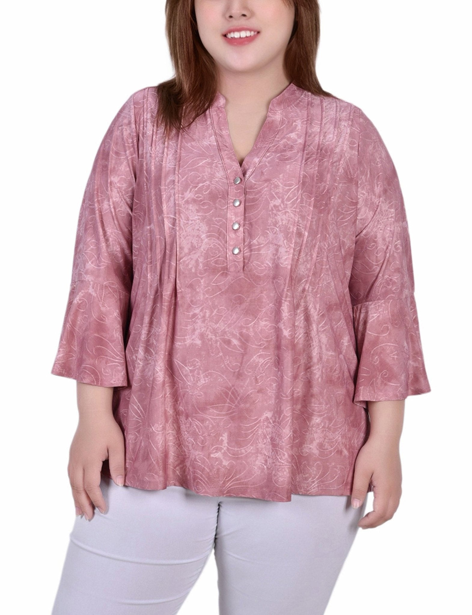 Mauve Tie Dye 3/4 Bell Sleeve Pleat Front Y Neck Top - Plus - DressbarnBlouses