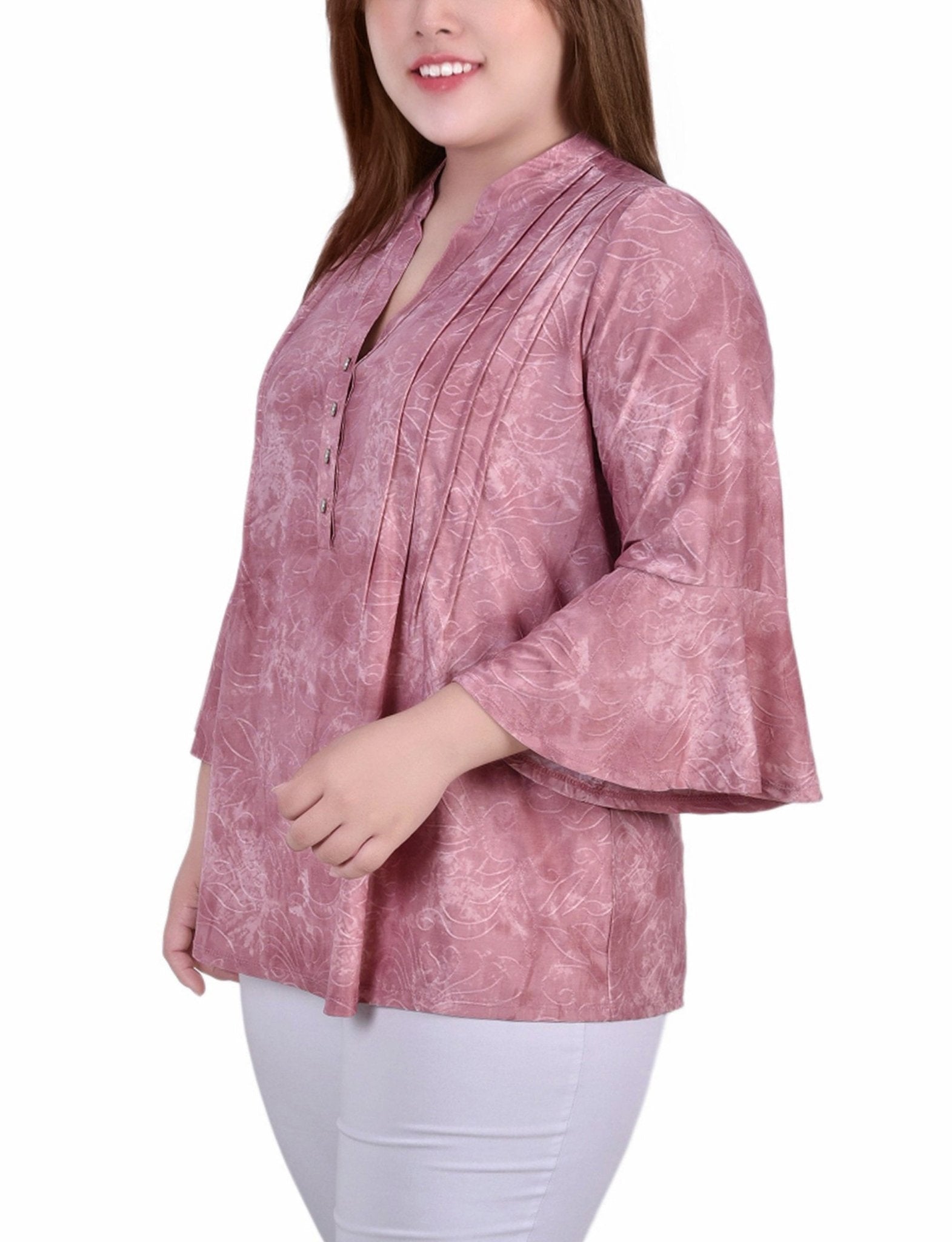 Mauve Tie Dye 3/4 Bell Sleeve Pleat Front Y Neck Top - Plus - DressbarnBlouses