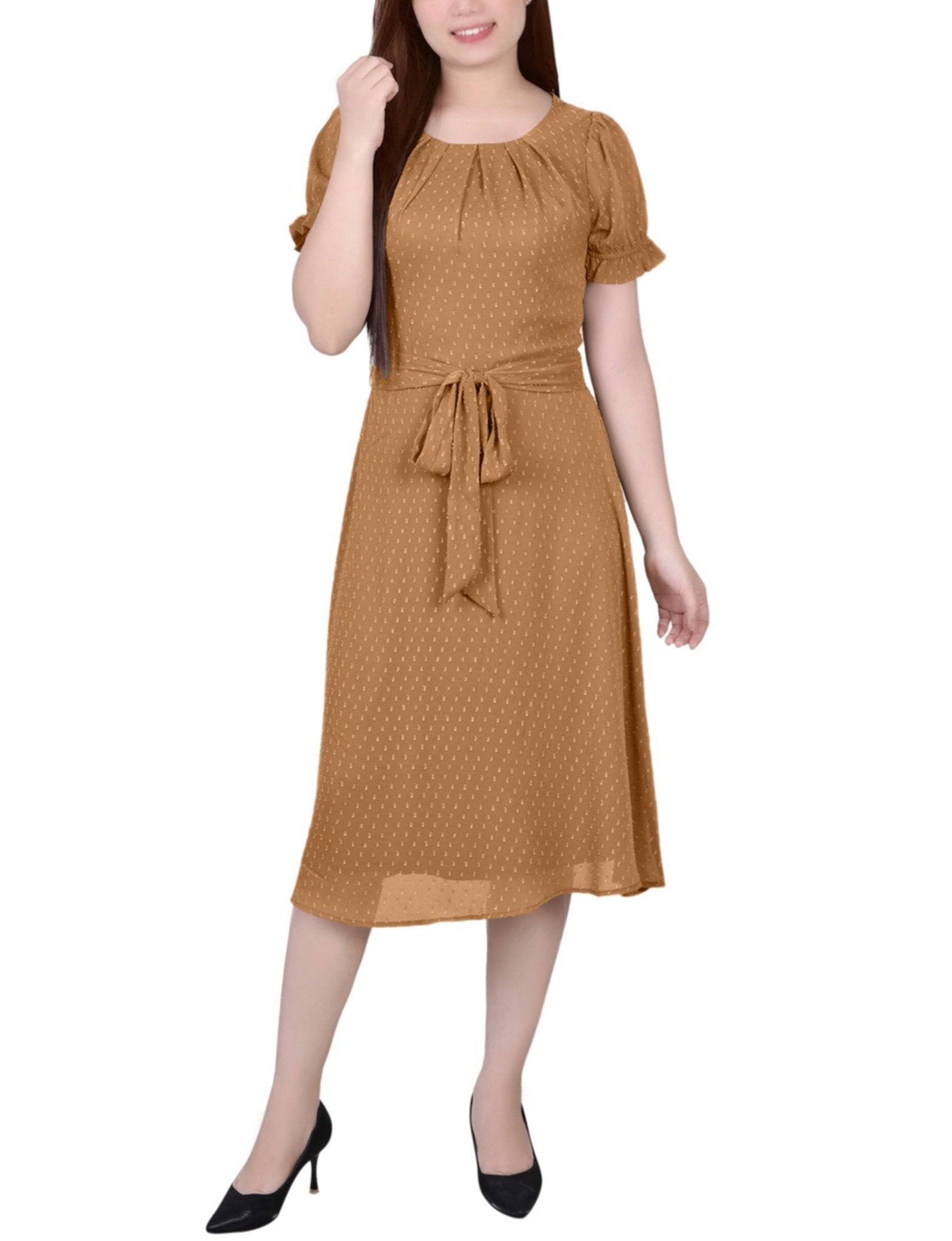 Meerkat Rectangle Short Sleeve Belted Swiss Dot Dress - Petite - DressbarnKnee Length & Midi Dresses