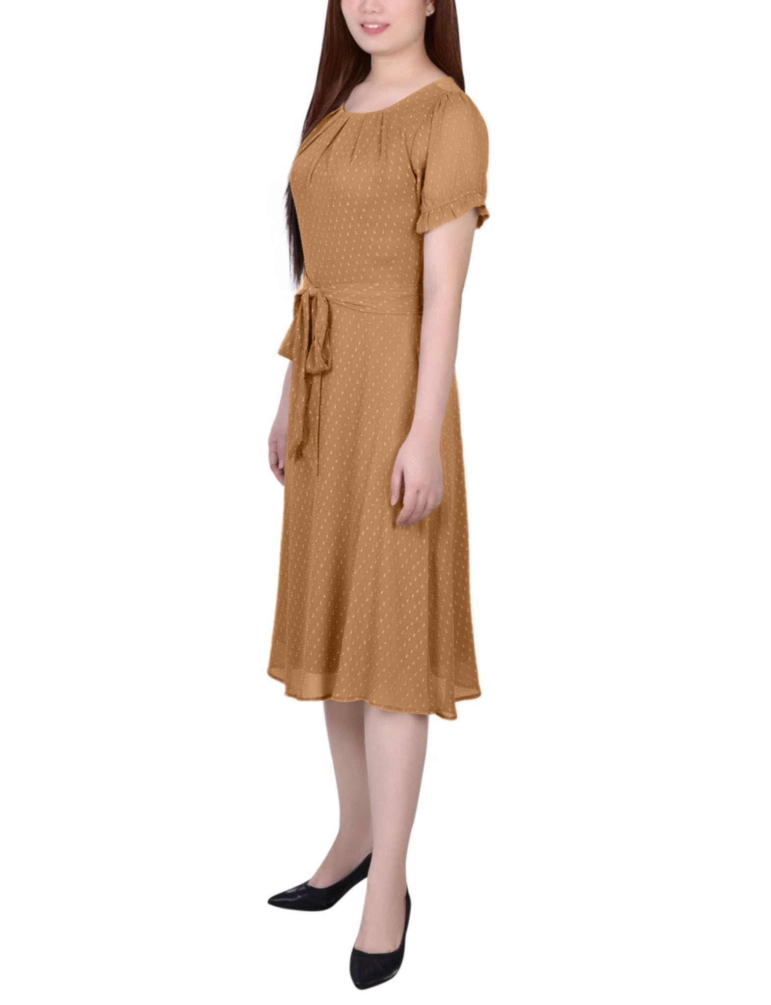Meerkat Rectangle Short Sleeve Belted Swiss Dot Dress - Petite - DressbarnKnee Length & Midi Dresses