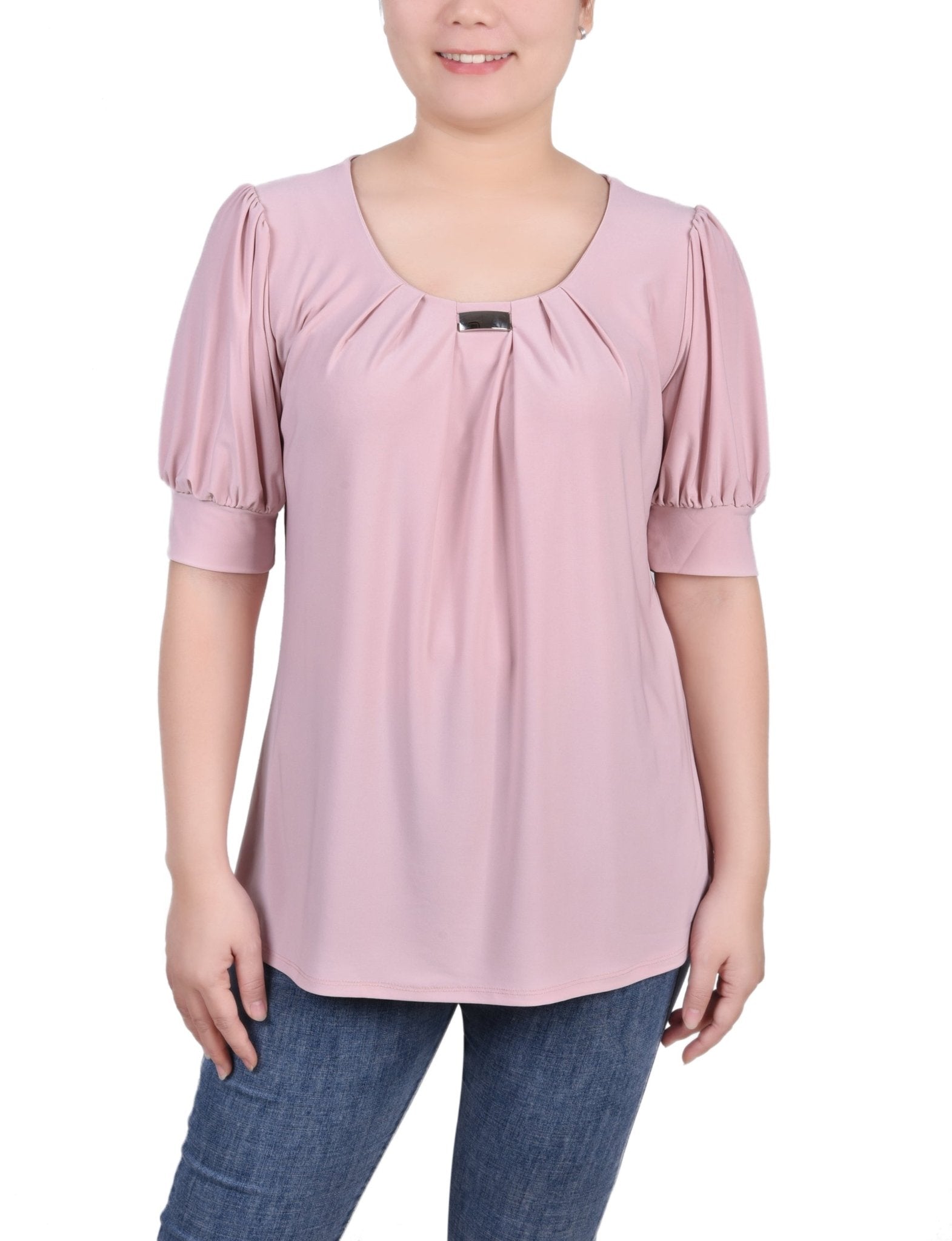 Mellow Rose Short Sleeve Balloon Sleeve Top With Hardware - DressbarnBlouses