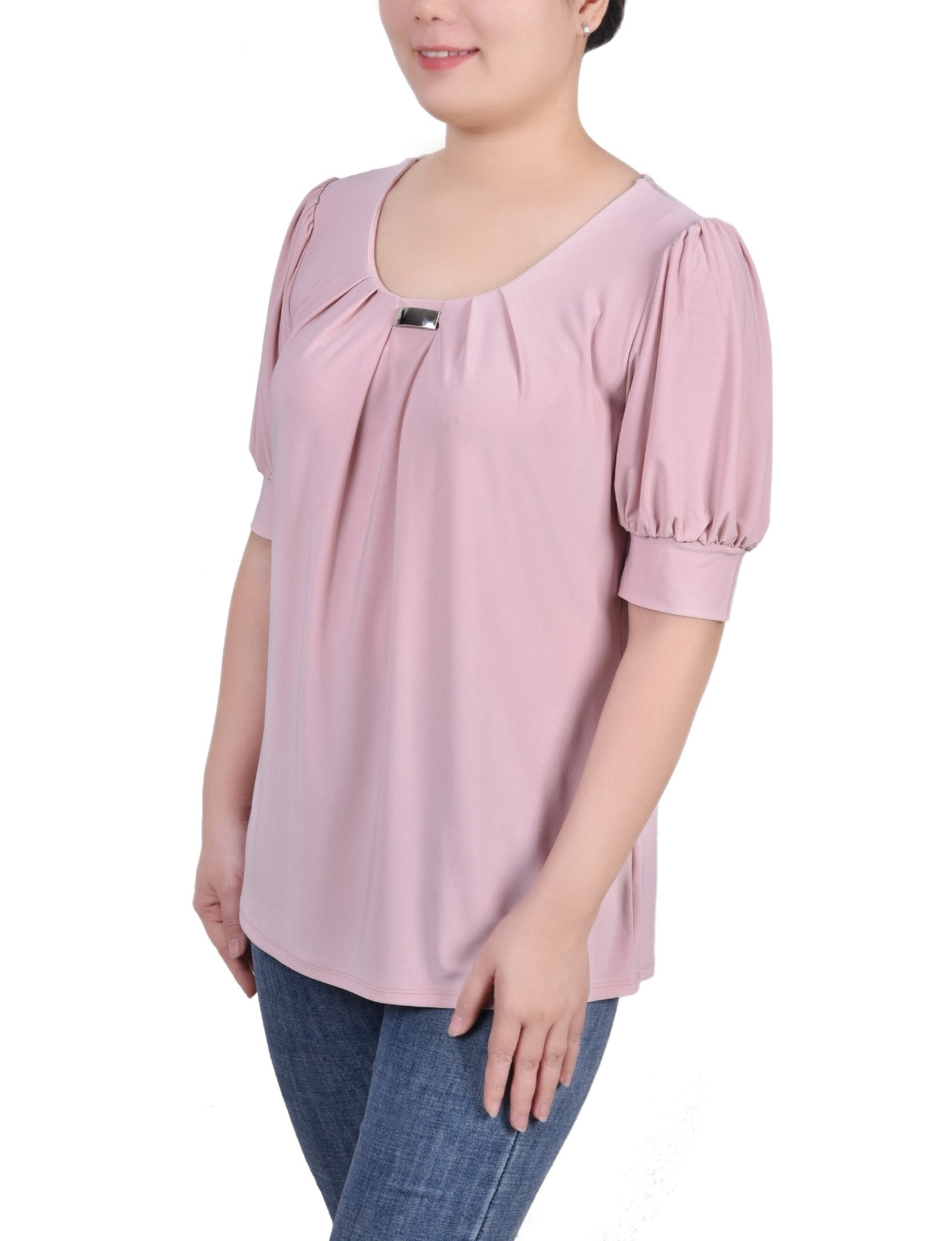 Mellow Rose Short Sleeve Balloon Sleeve Top With Hardware - DressbarnBlouses