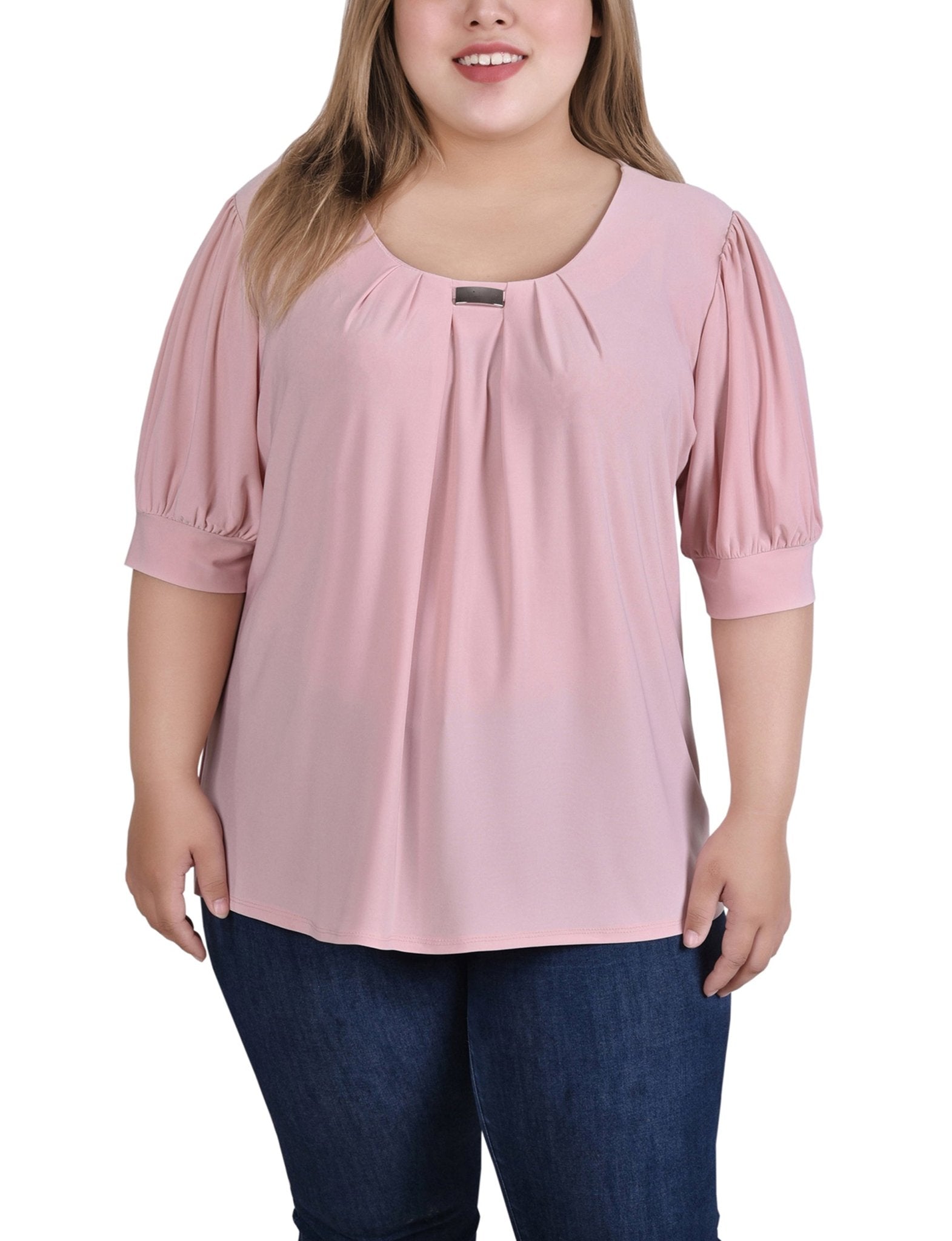 Mellow Rose Short Sleeve Balloon Sleeve Top With Hardware - Plus - DressbarnBlouses
