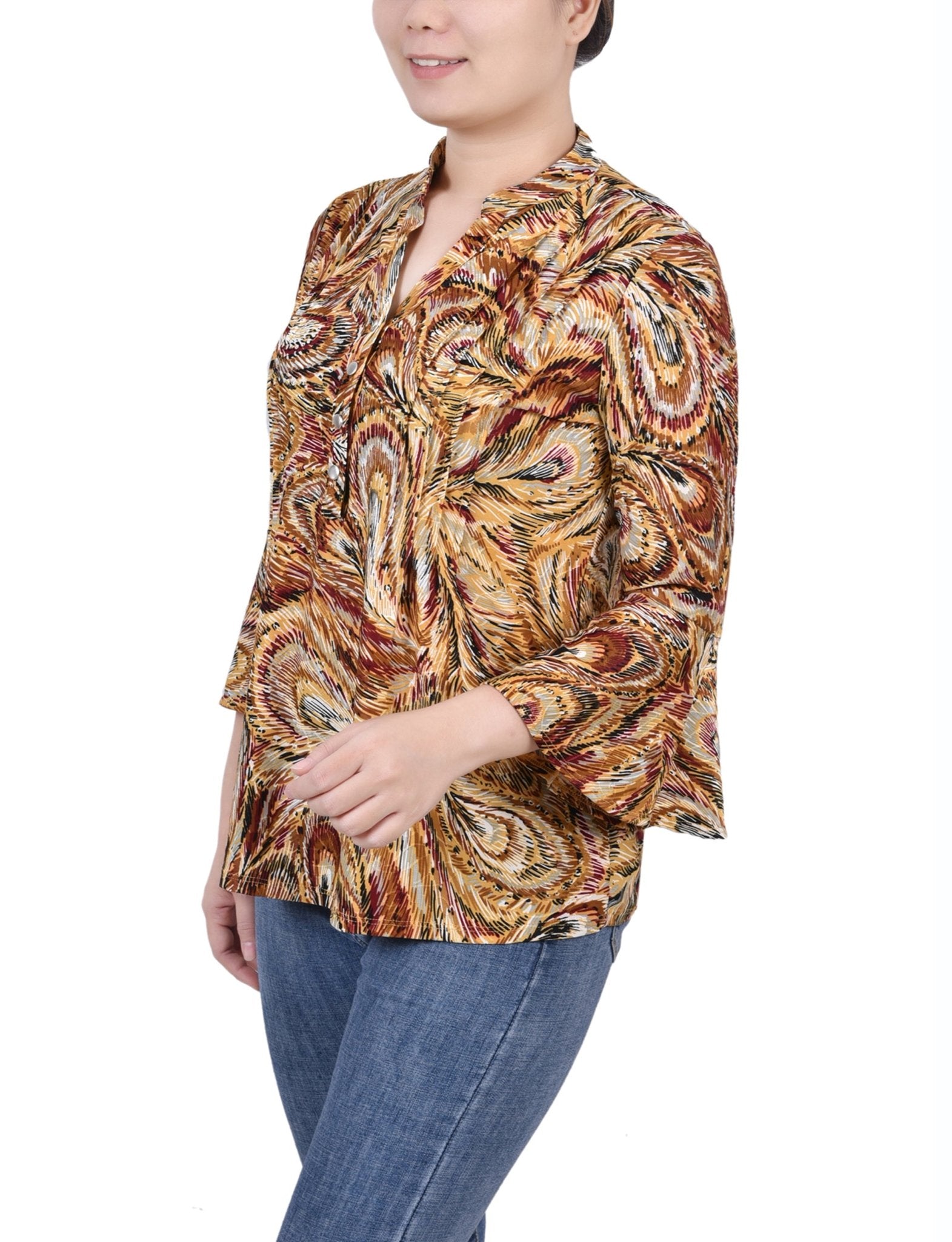 Multi Grey Peacock 3/4 Bell Sleeve Pleat Front Y Neck Top - DressbarnBlouses