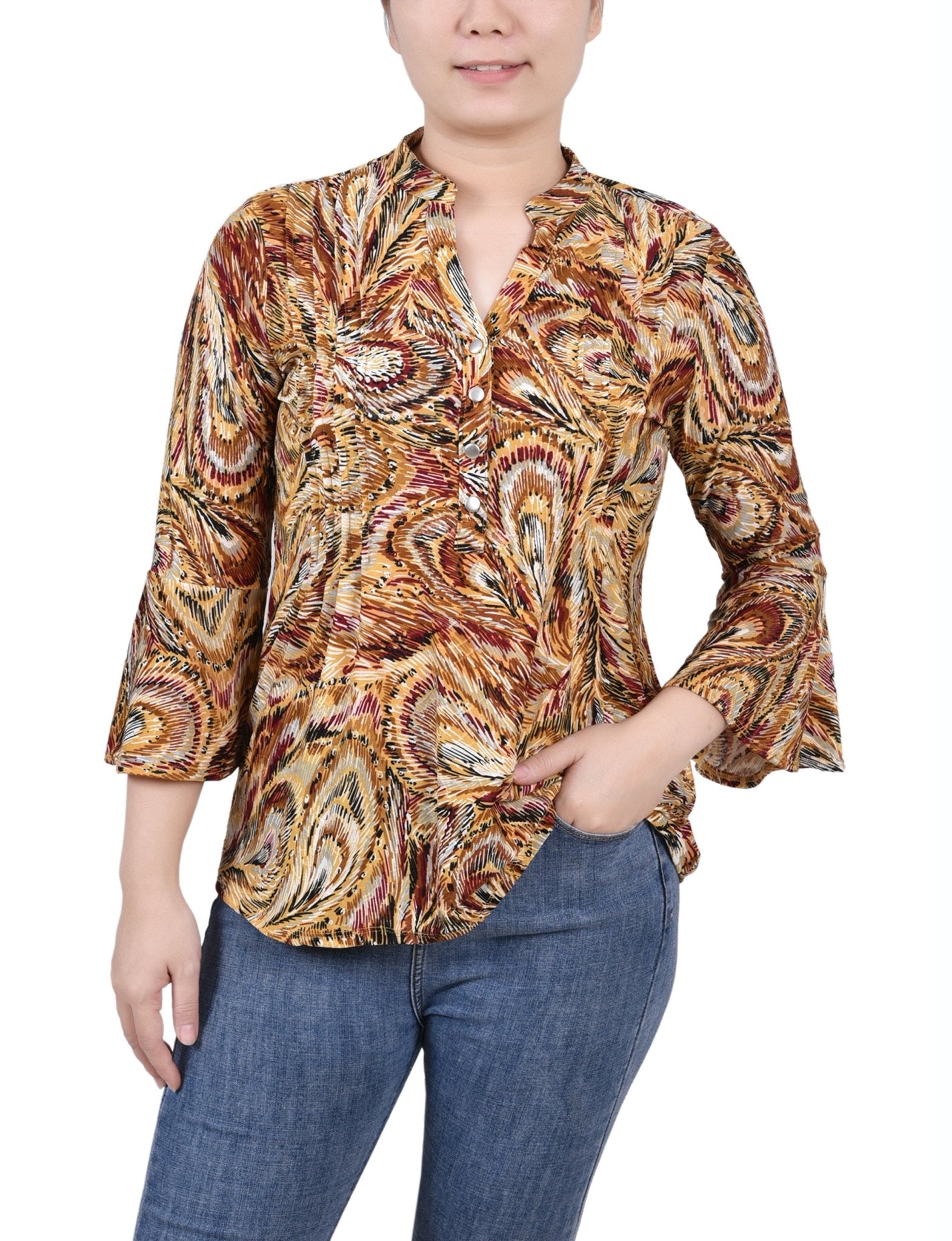 Multi Grey Peacock 3/4 Bell Sleeve Pleat Front Y Neck Top - Petite - DressbarnBlouses