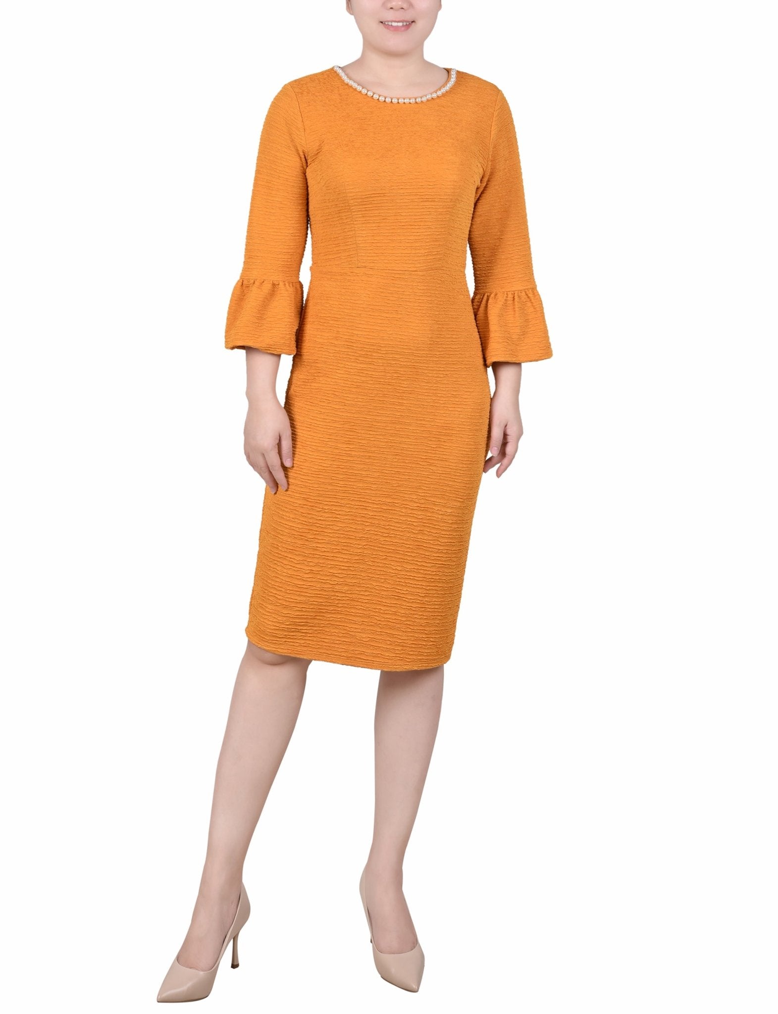Mustard 3/4 Length Pearl Detail Dress - DressbarnKnee Length & Midi Dresses