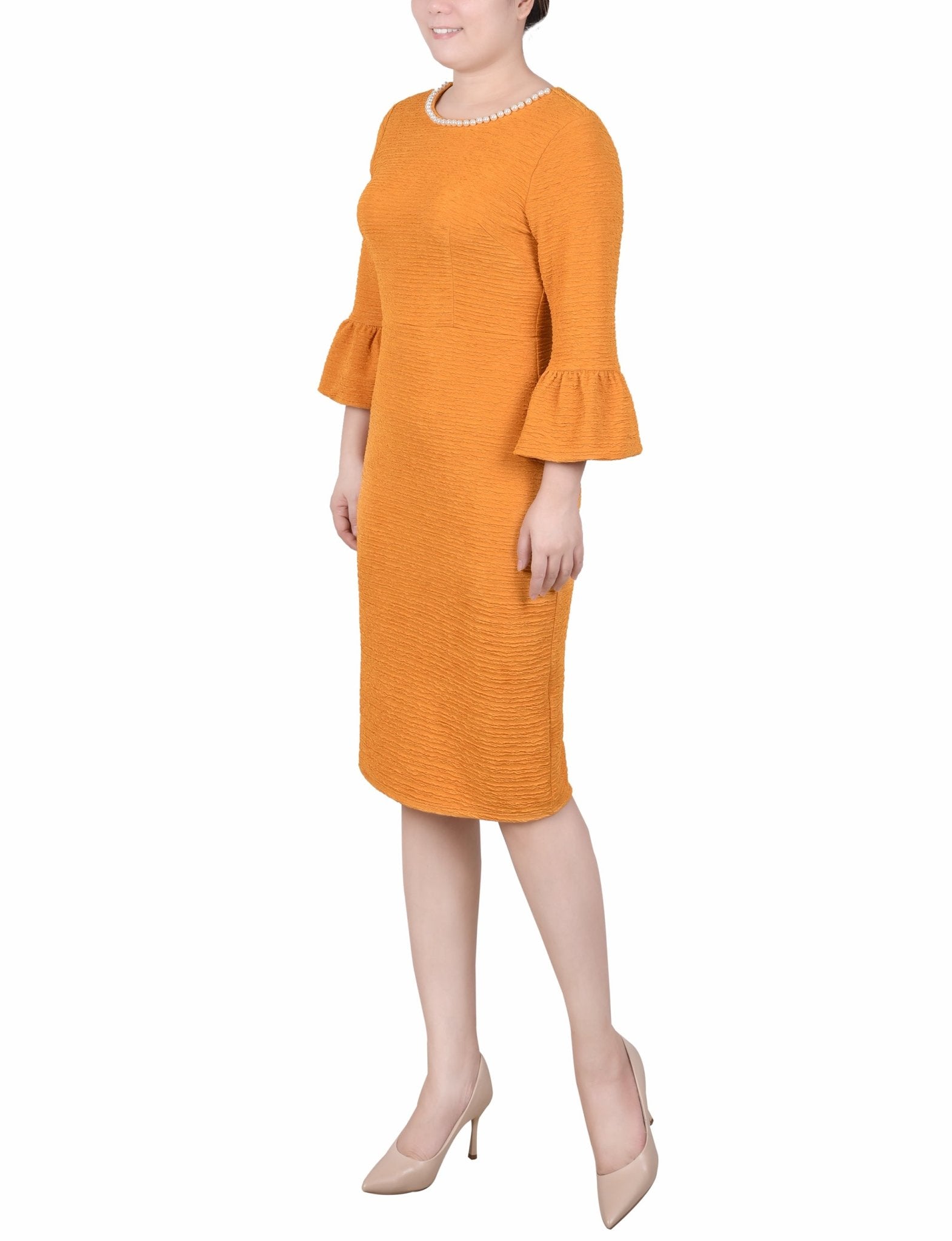 Mustard 3/4 Length Pearl Detail Dress - DressbarnKnee Length & Midi Dresses
