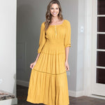 Mustard Clip Dot Maxi Peasant Dress - DressbarnClothing