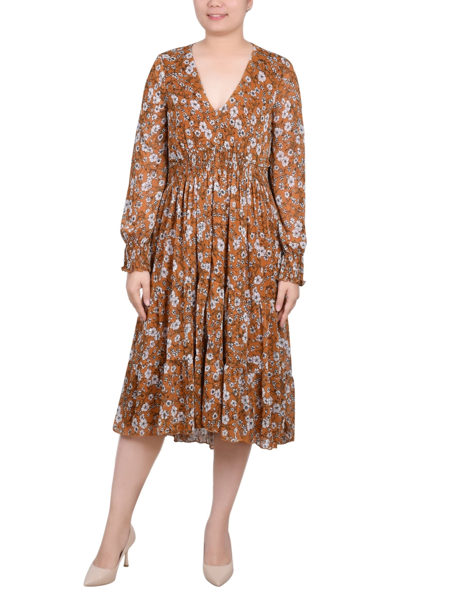 Mustard Floral Long Sleeve Clip Dot Chiffon Dress With Smocked Waist and Cuffs - DressbarnKnee Length & Midi Dresses