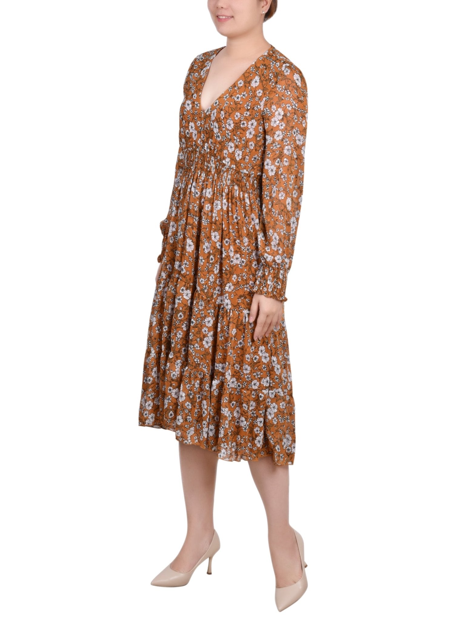 Mustard Floral Long Sleeve Clip Dot Chiffon Dress With Smocked Waist and Cuffs - DressbarnKnee Length & Midi Dresses