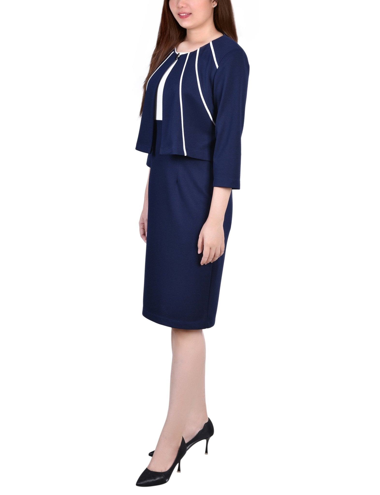 Navy 2 Piece Colorblocked Dress Set - Petite - DressbarnKnee Length & Midi Dresses