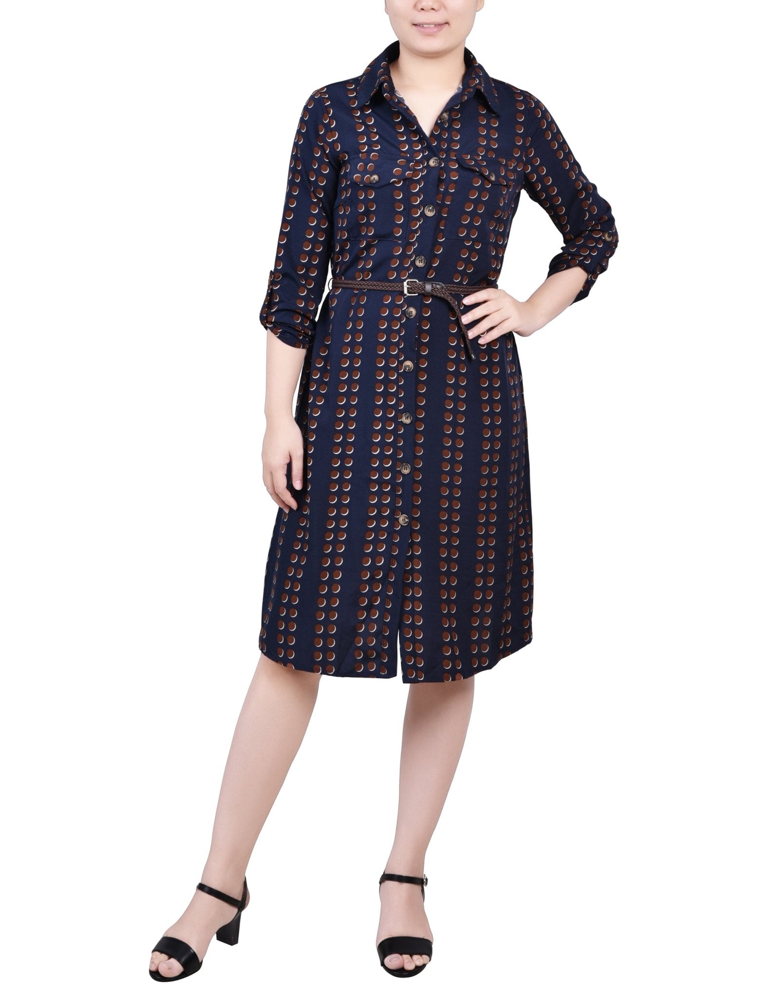 Navy Big Dot 3/4 Roll Tab Sleeve Shirtdress - Petite - DressbarnKnee Length & Midi Dresses