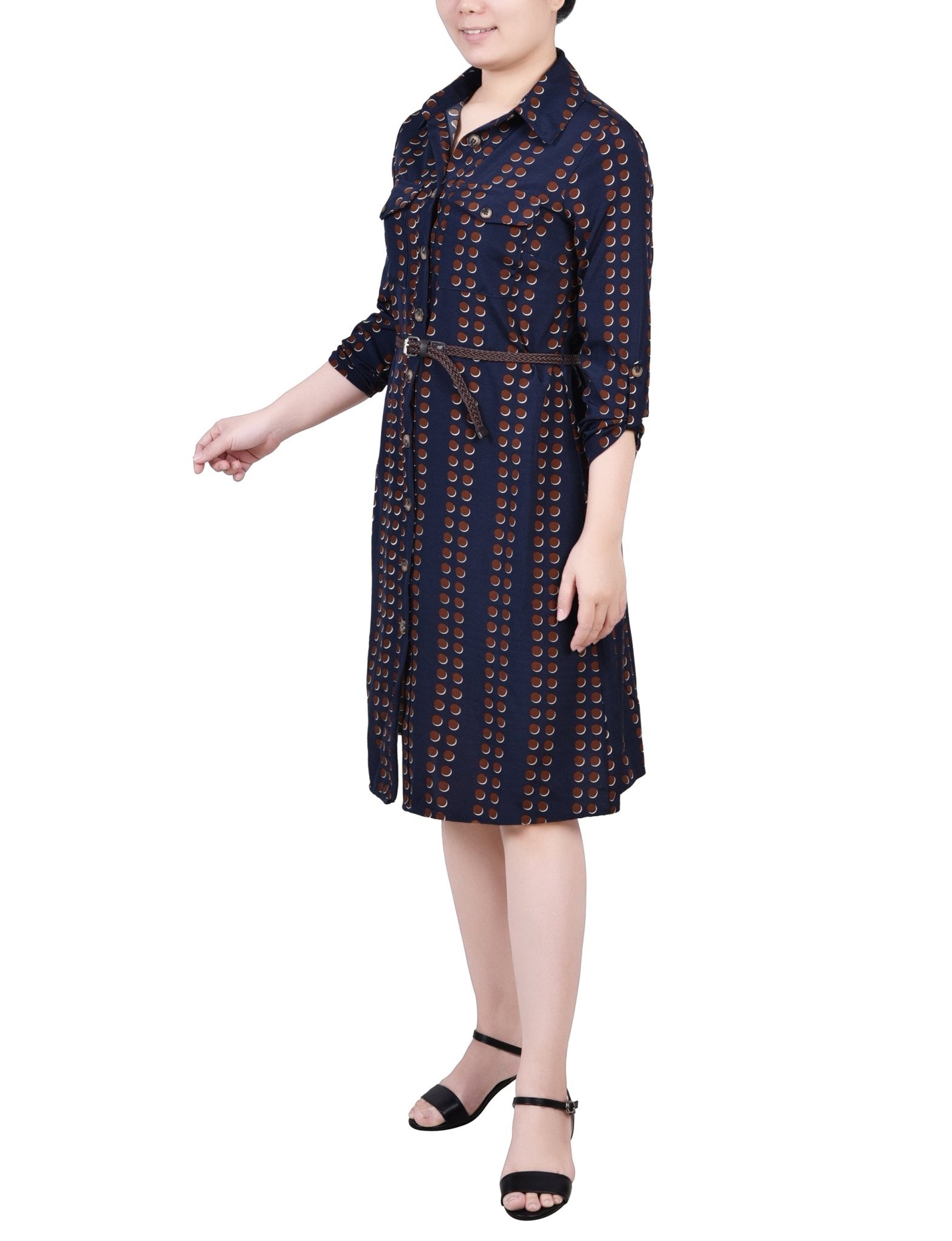 Navy Big Dot 3/4 Roll Tab Sleeve Shirtdress - Petite - DressbarnKnee Length & Midi Dresses