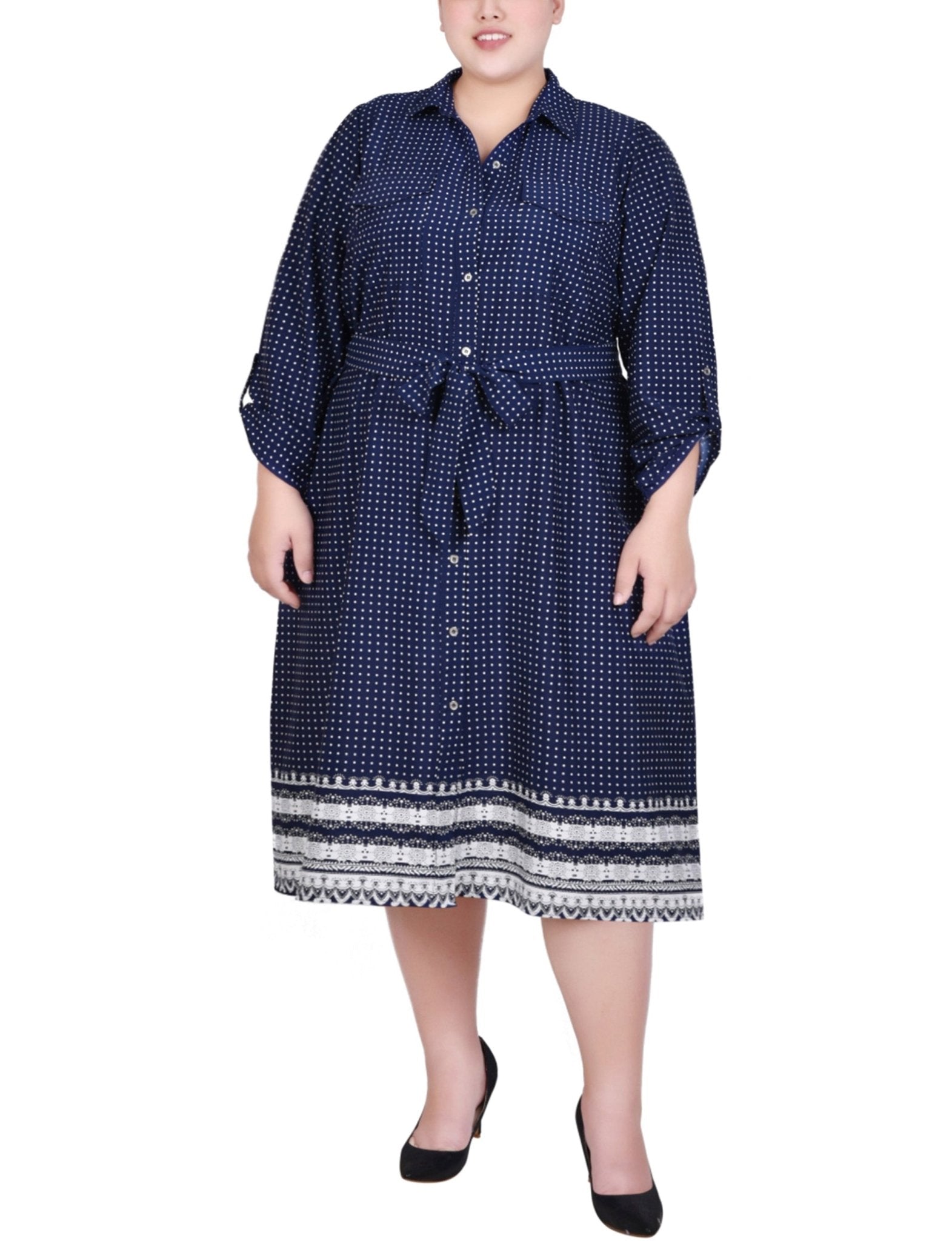 Navy Border 3/4 Roll Tab Sleeve Belted Shirtdress - Plus - DressbarnKnee Length & Midi Dresses