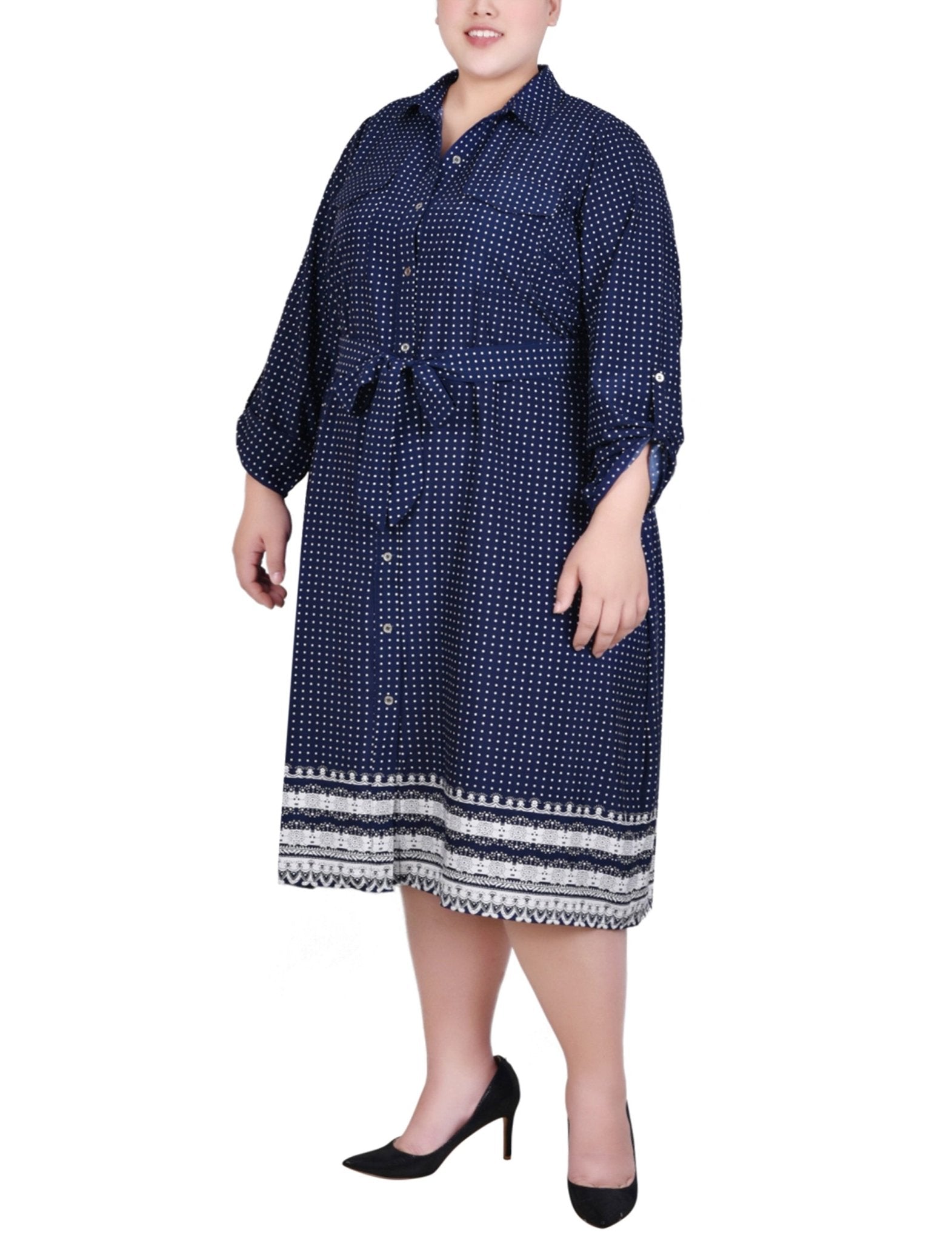 Navy Border 3/4 Roll Tab Sleeve Belted Shirtdress - Plus - DressbarnKnee Length & Midi Dresses