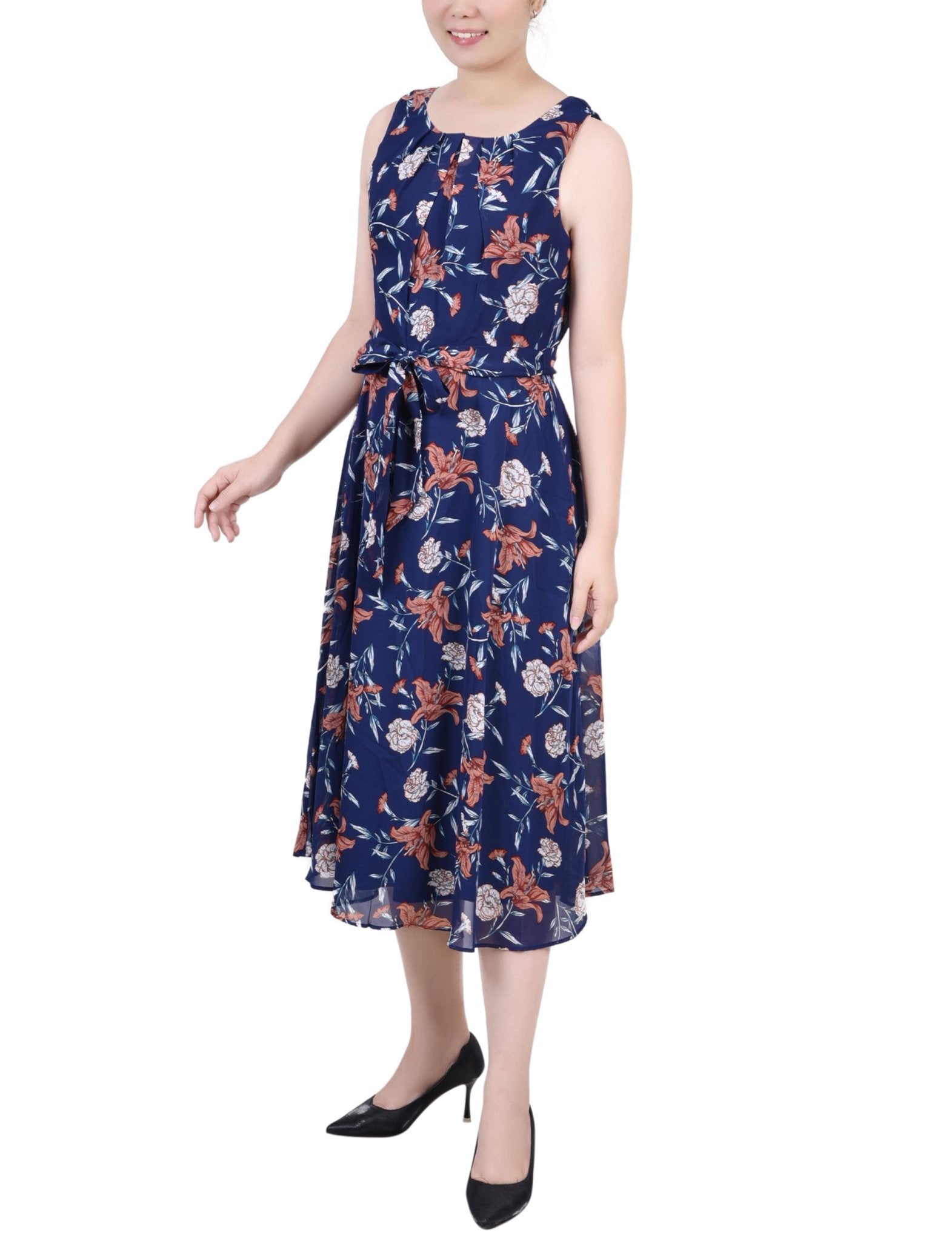 Navy Floral Sleeveless Chiffon Belted Dress - Petite - DressbarnKnee Length & Midi Dresses