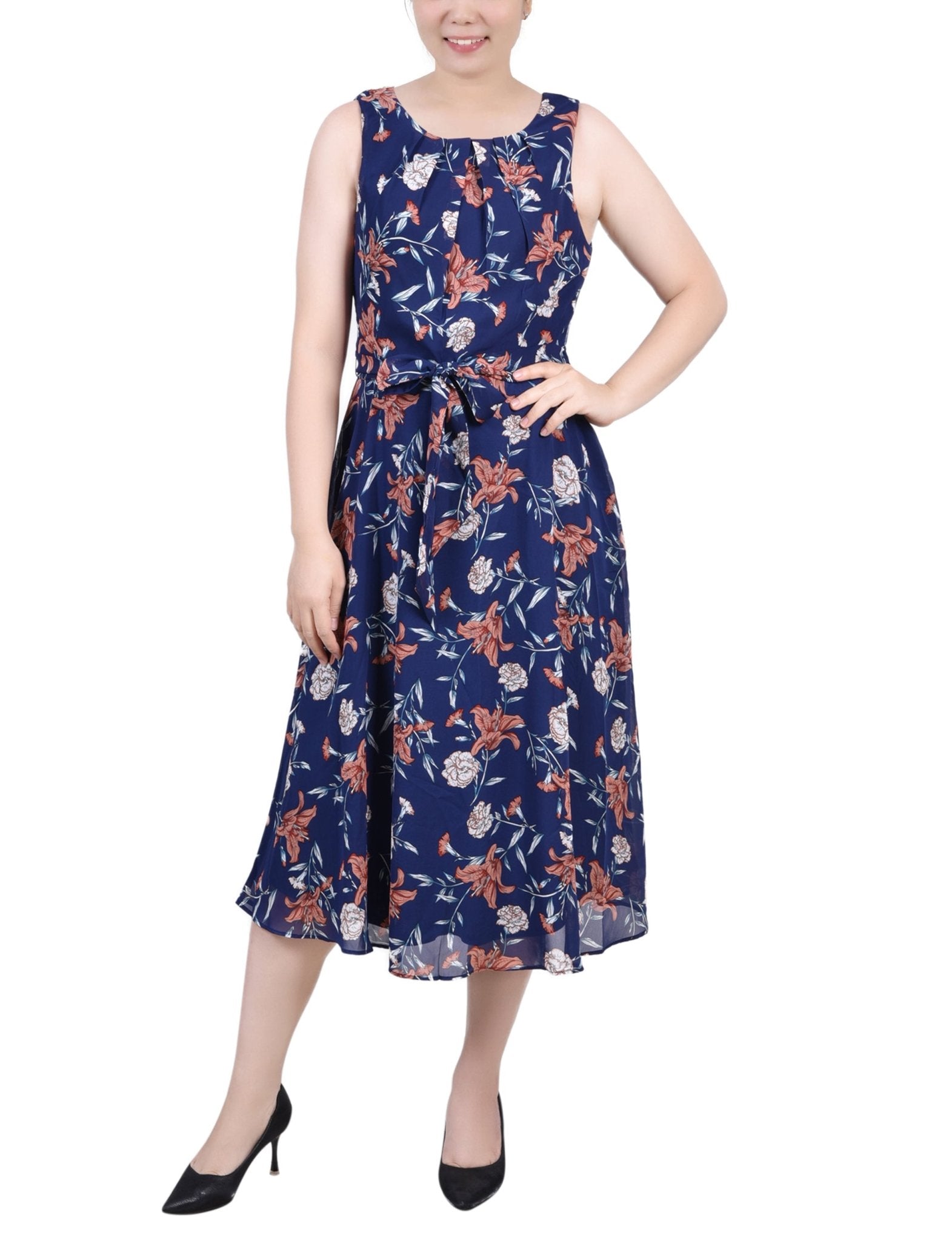 Navy Floral Sleeveless Chiffon Belted Dress - Petite - DressbarnKnee Length & Midi Dresses