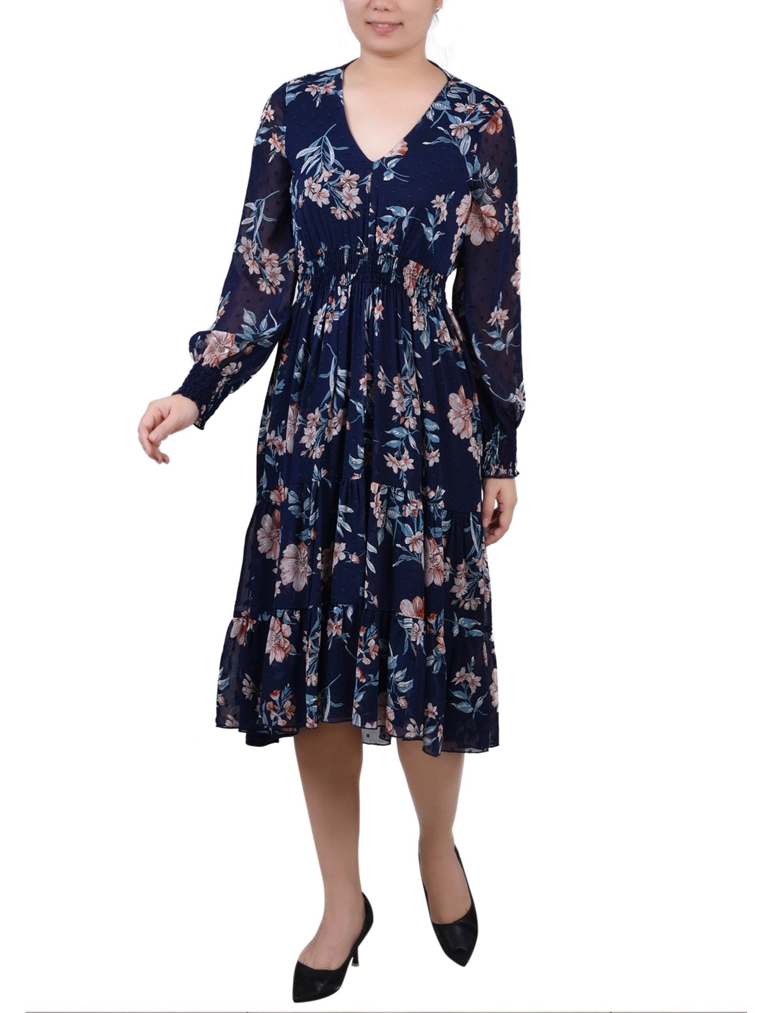 Navy Hydrolily Long Sleeve Clip Dot Chiffon Dress With Smocked Waist and Cuffs - DressbarnKnee Length & Midi Dresses