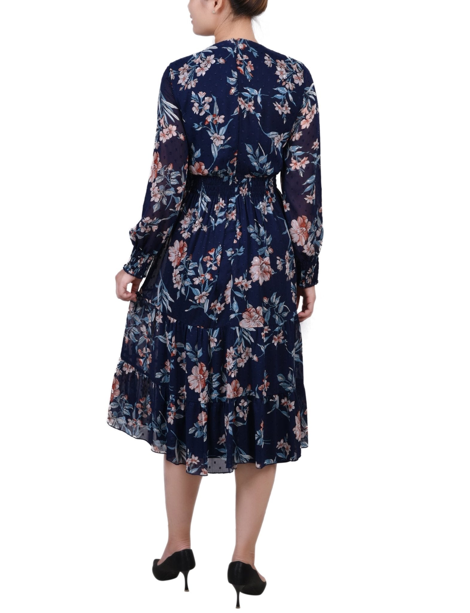 long sleeve navy blue chiffon dress Azazie Leonia
