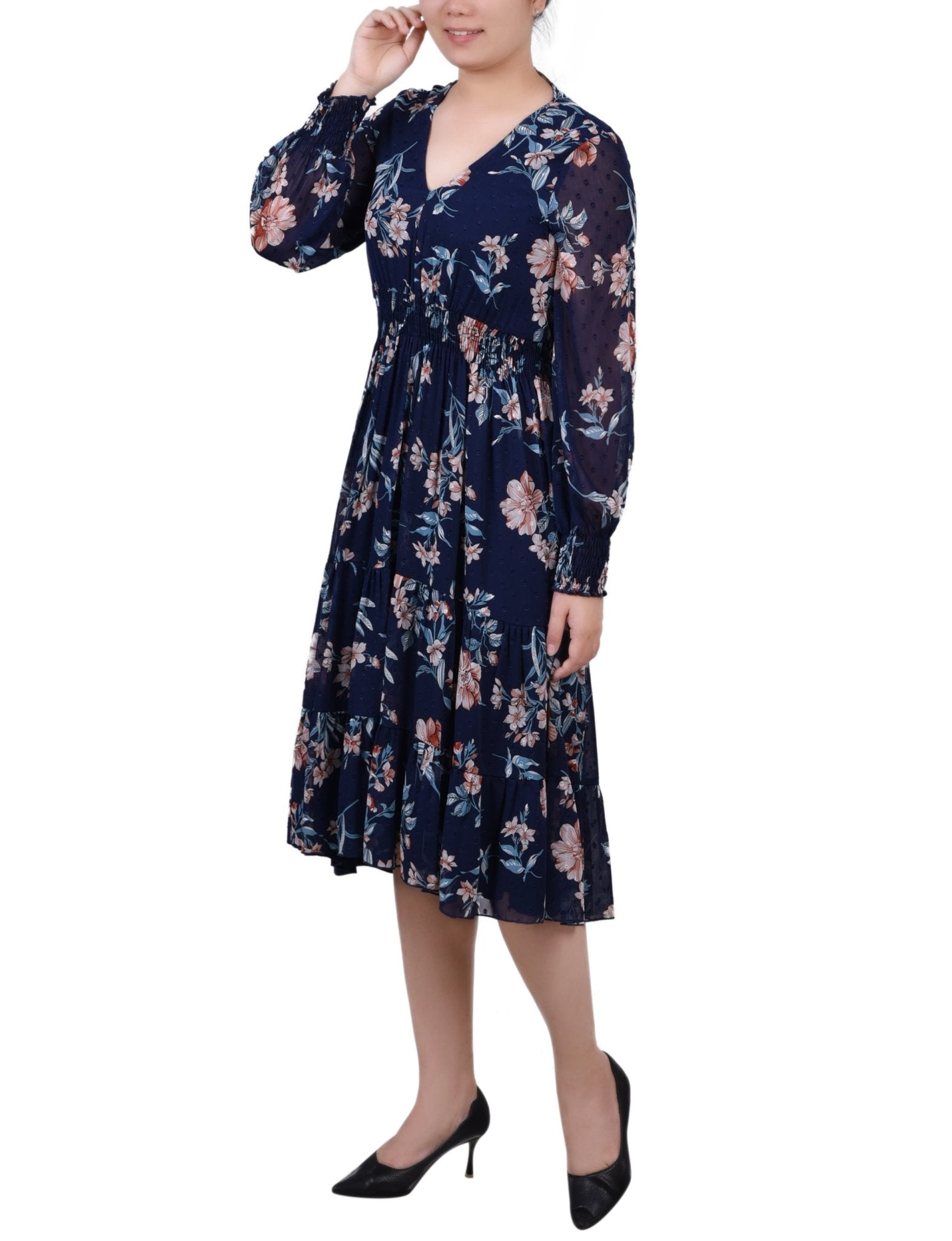 Navy Hydrolily Long Sleeve Clip Dot Chiffon Dress With Smocked Waist and Cuffs - DressbarnKnee Length & Midi Dresses