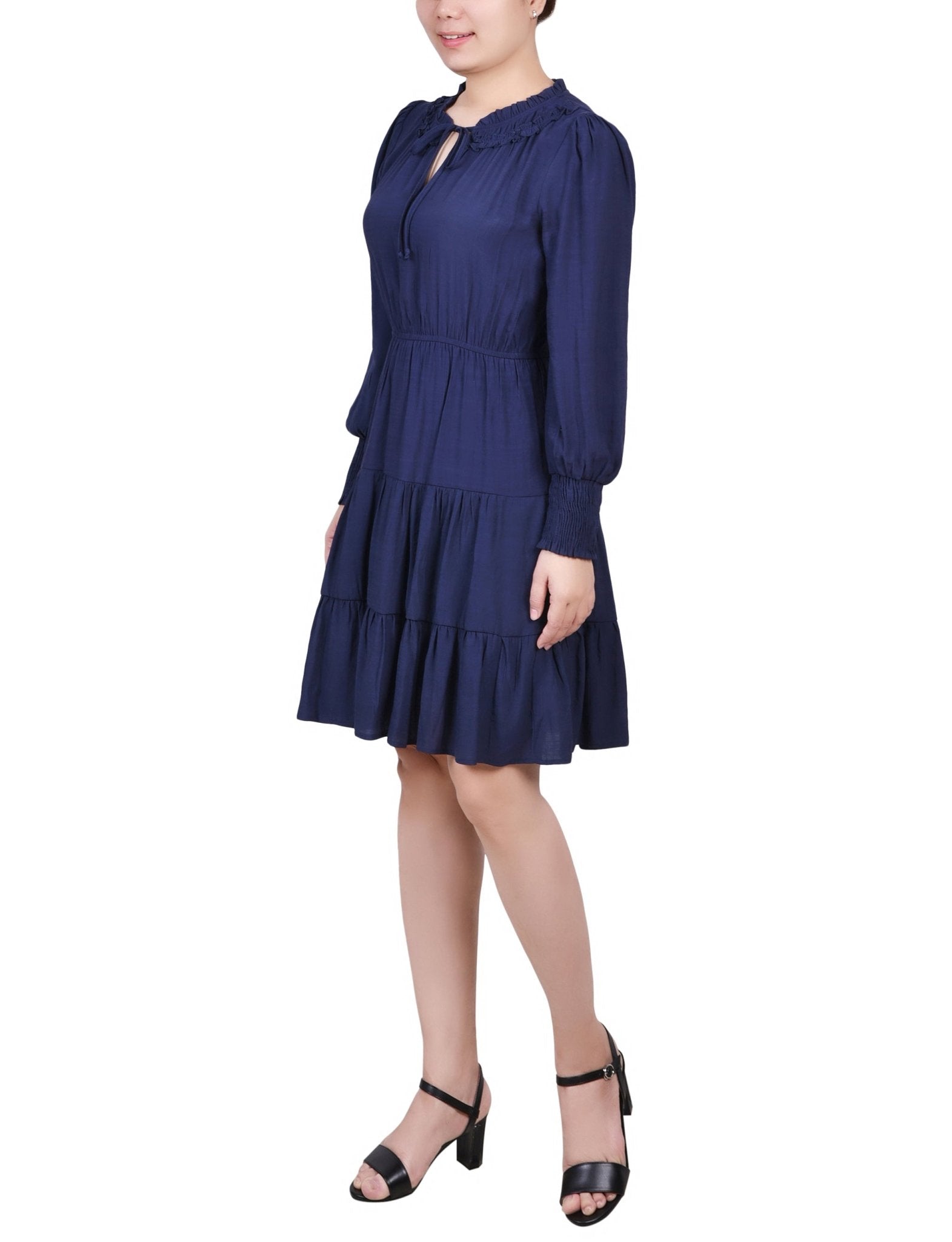Navy Long Sleeve Tiered Dress With Ruffled Neck - Petite - DressbarnKnee Length & Midi Dresses