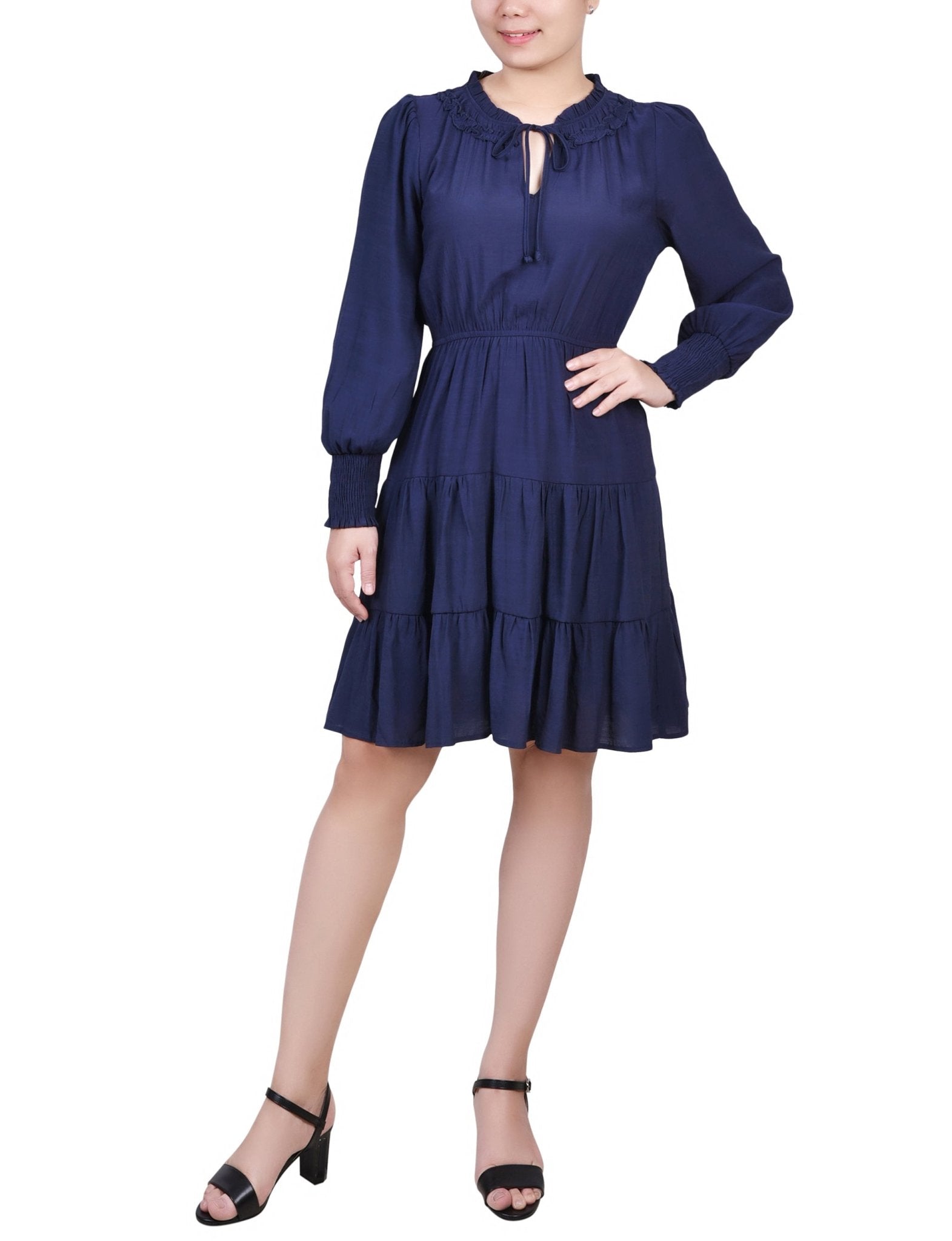 Navy Long Sleeve Tiered Dress With Ruffled Neck - Petite - DressbarnKnee Length & Midi Dresses