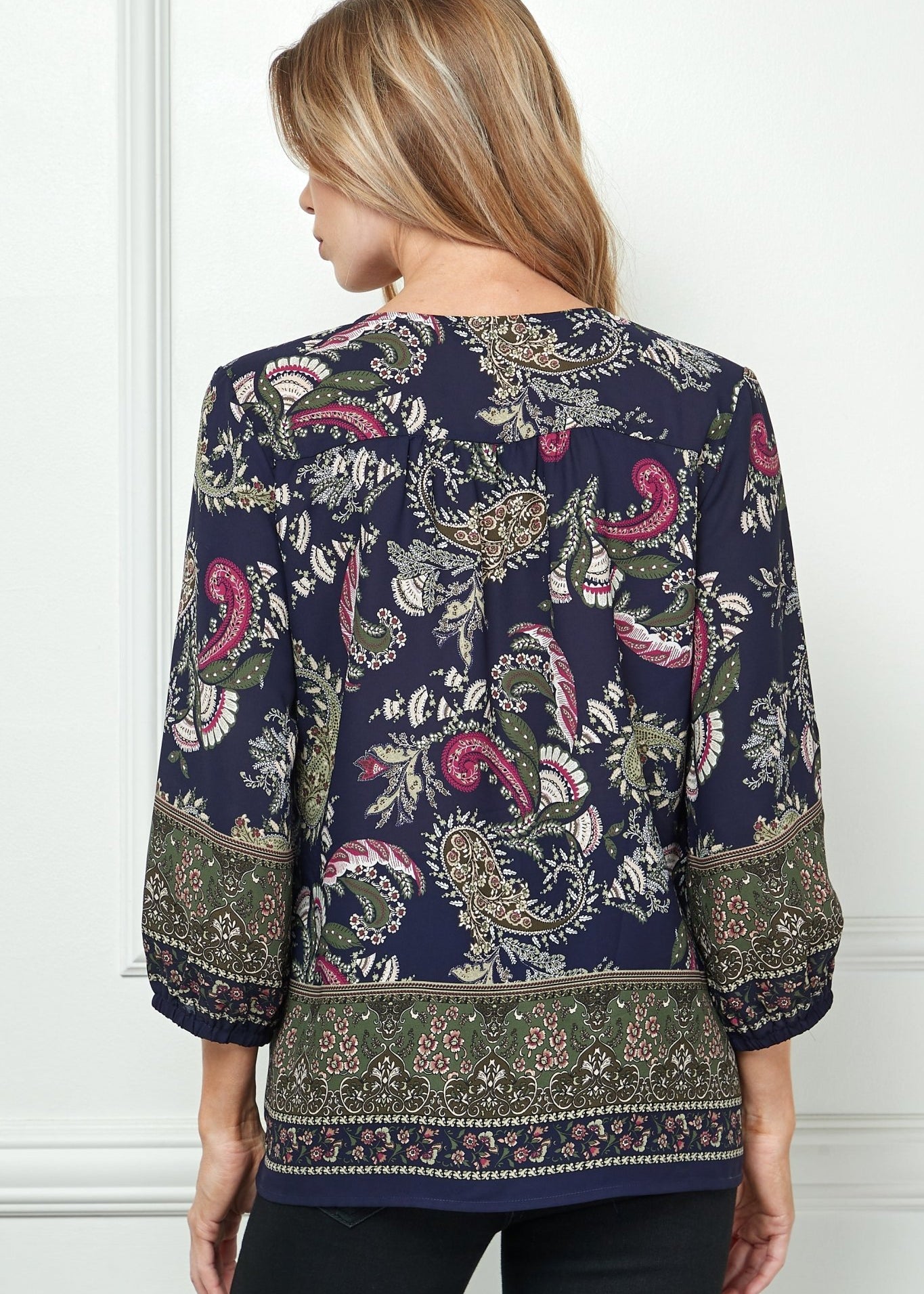 Navy Paisley 3/4 Sleeve Blouse - DressbarnShirts & Blouses