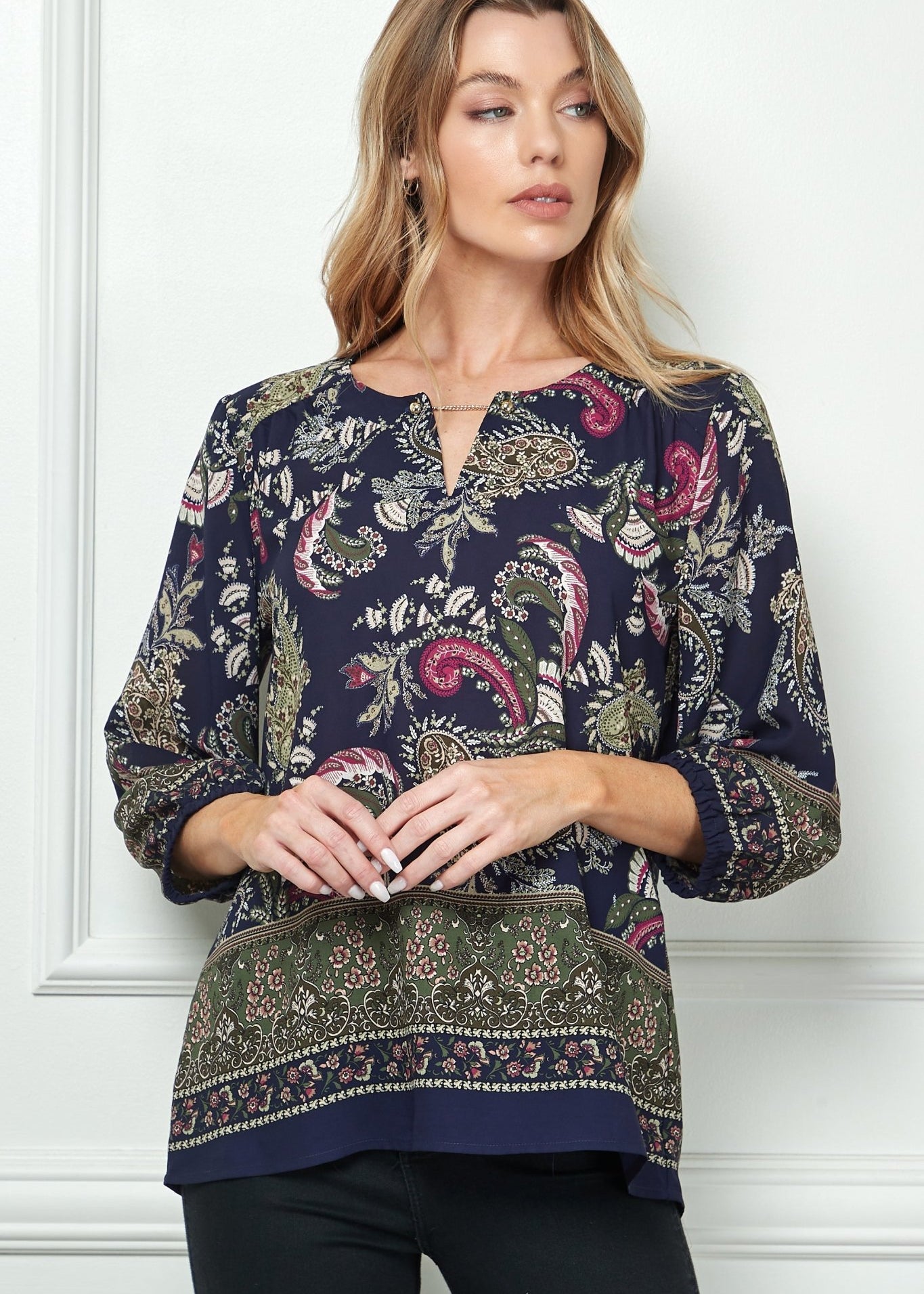 Navy Paisley 3/4 Sleeve Blouse - DressbarnShirts & Blouses