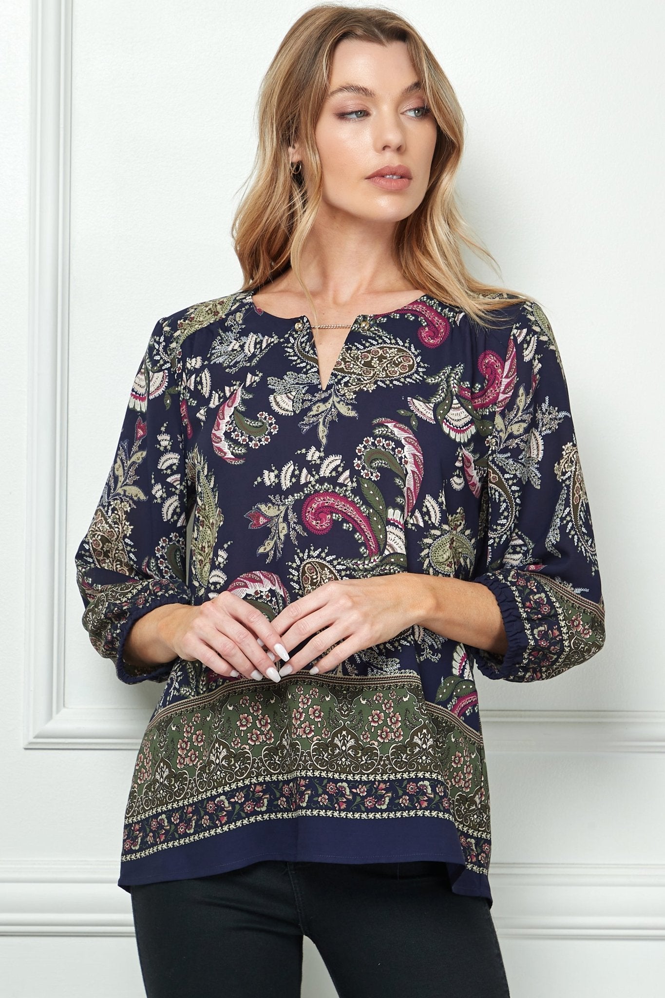 Navy Paisley 3/4 Sleeve Blouse - DressbarnShirts & Blouses