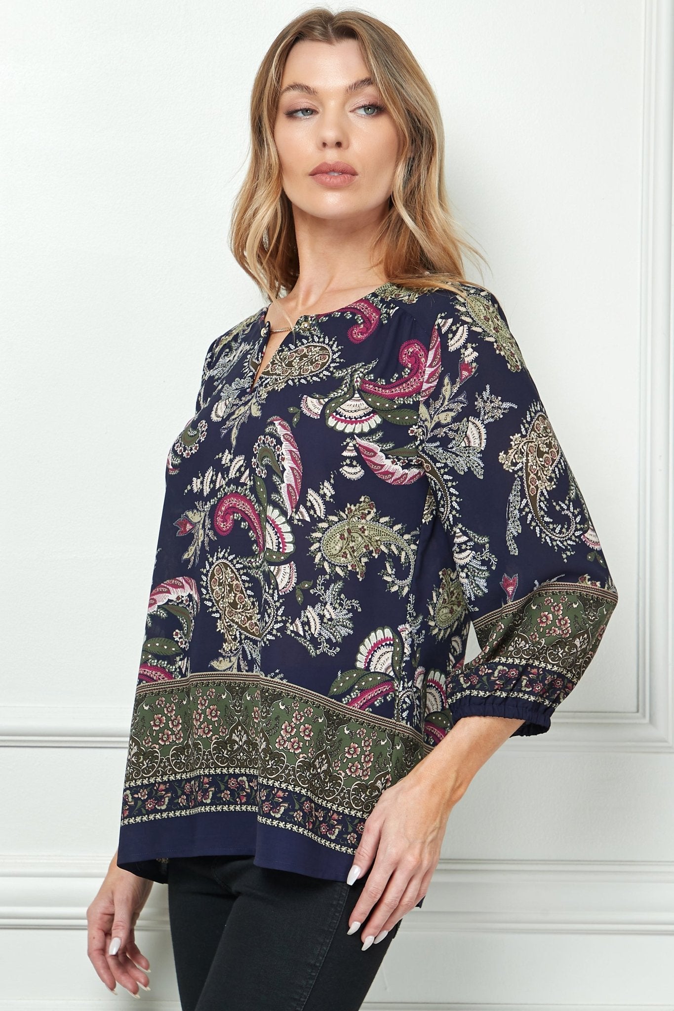 Navy Paisley 3/4 Sleeve Blouse - DressbarnShirts & Blouses