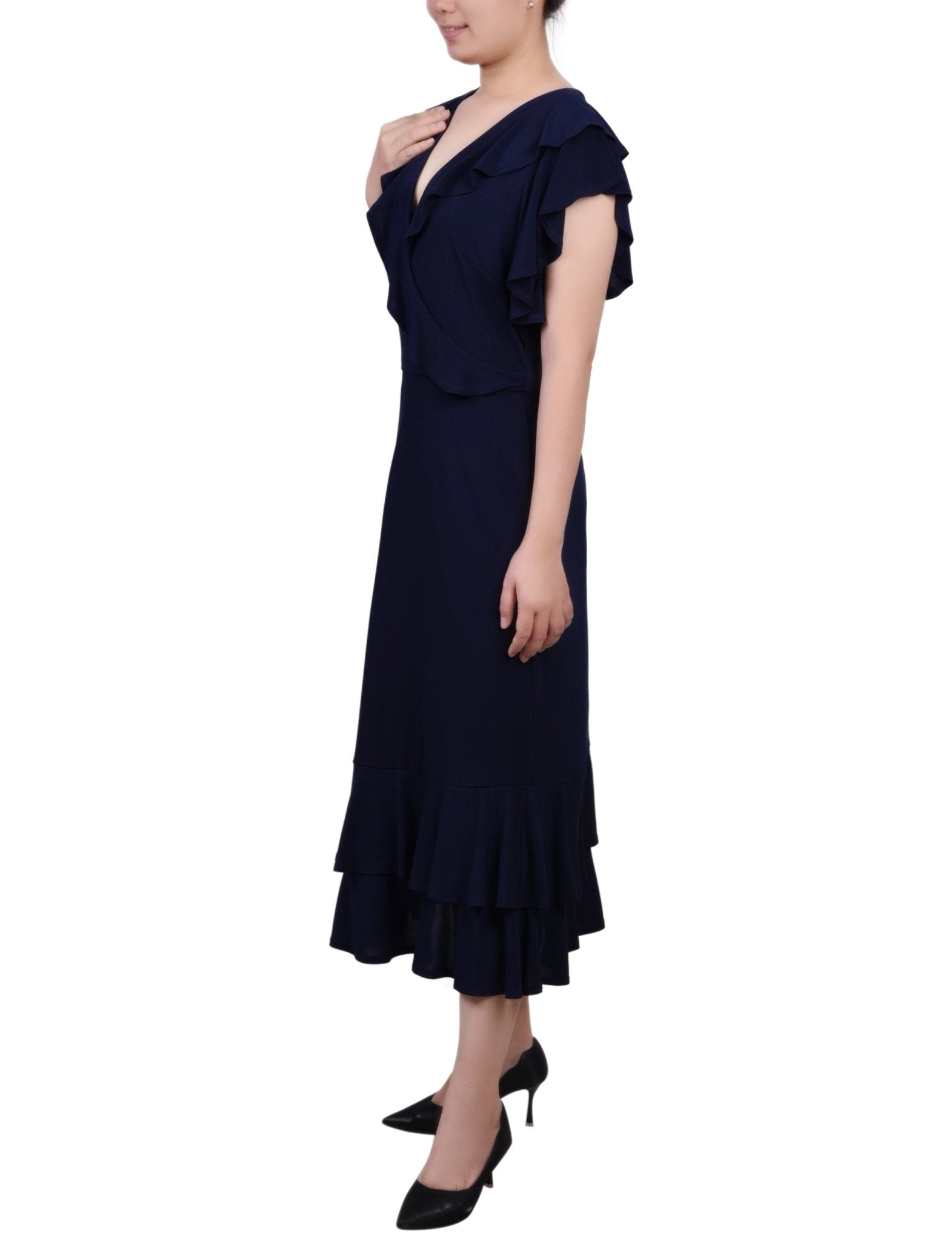 Navy Short flutter Sleeve Ruffle Neck Dress - Petite - DressbarnKnee Length & Midi Dresses