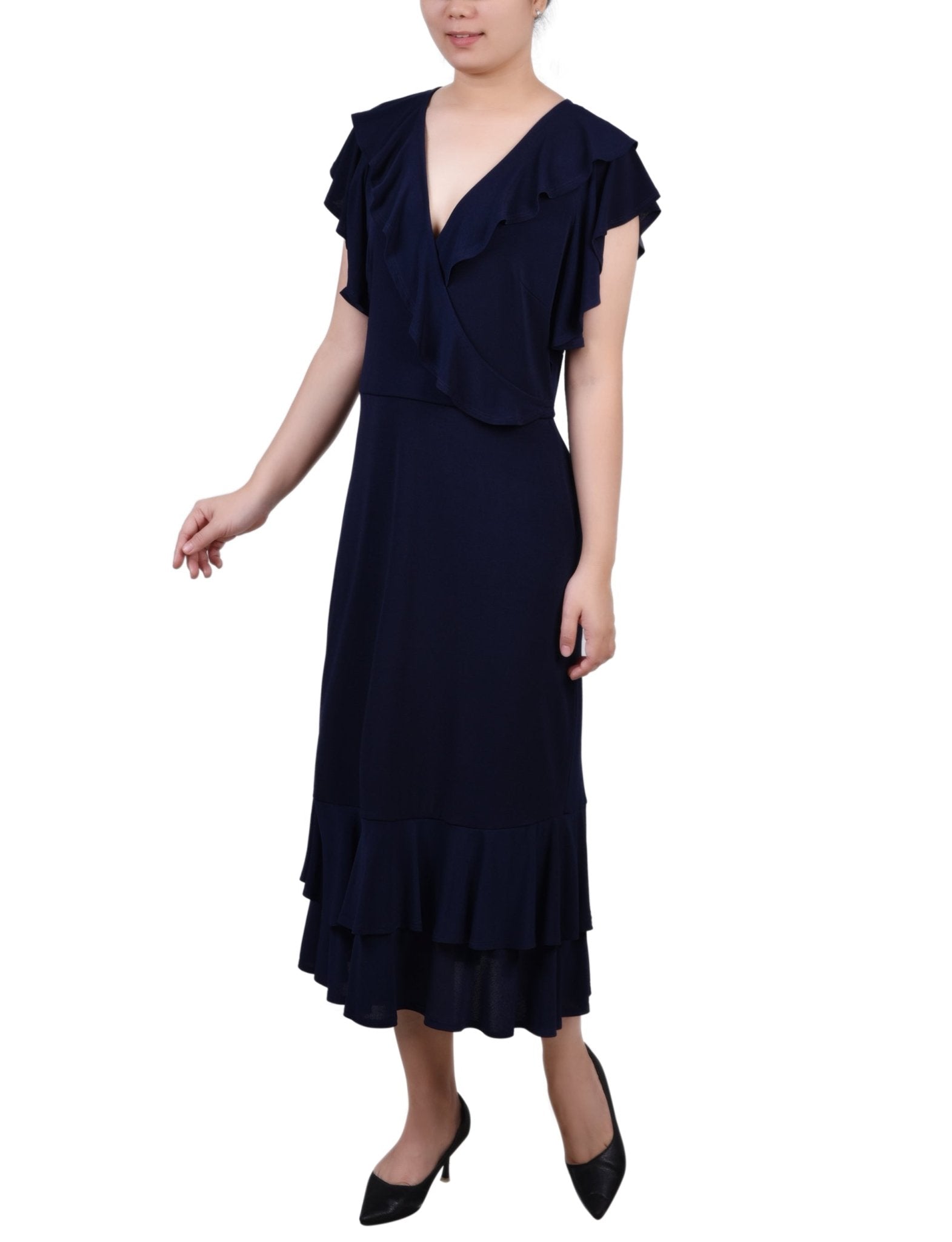 Navy Short flutter Sleeve Ruffle Neck Dress - Petite - DressbarnKnee Length & Midi Dresses