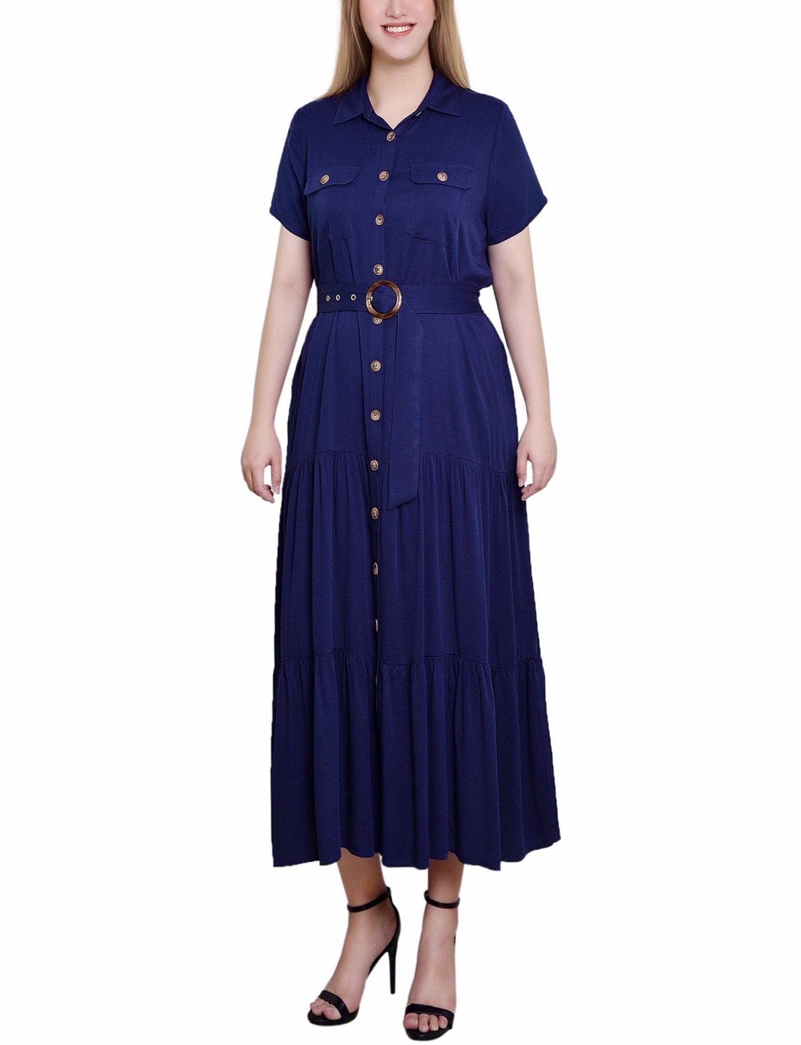 Navy Short Sleeve Midi Twill Dress - Petite - DressbarnKnee Length & Midi Dresses