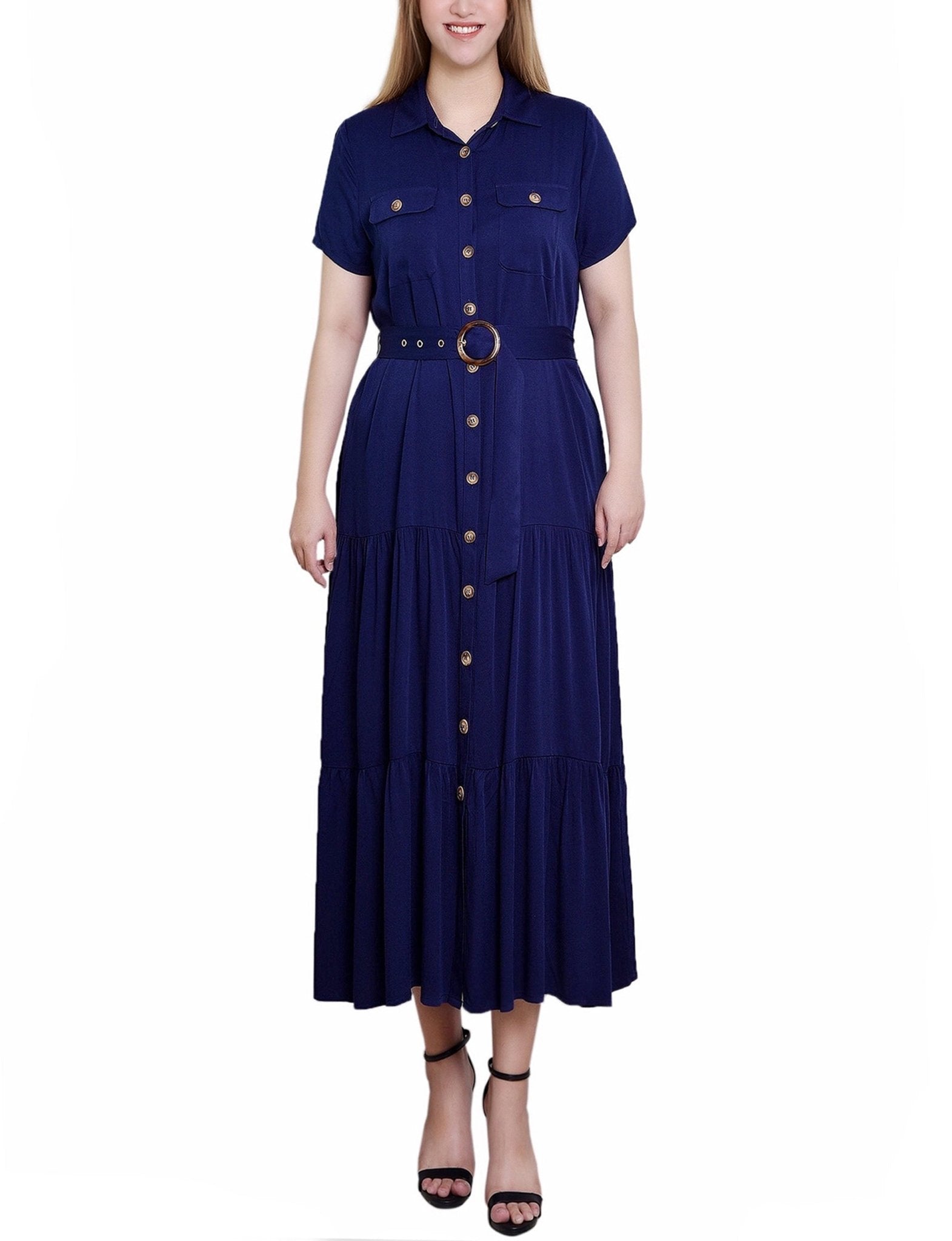 Navy Short Sleeve Midi Twill Dress - Petite - DressbarnKnee Length & Midi Dresses