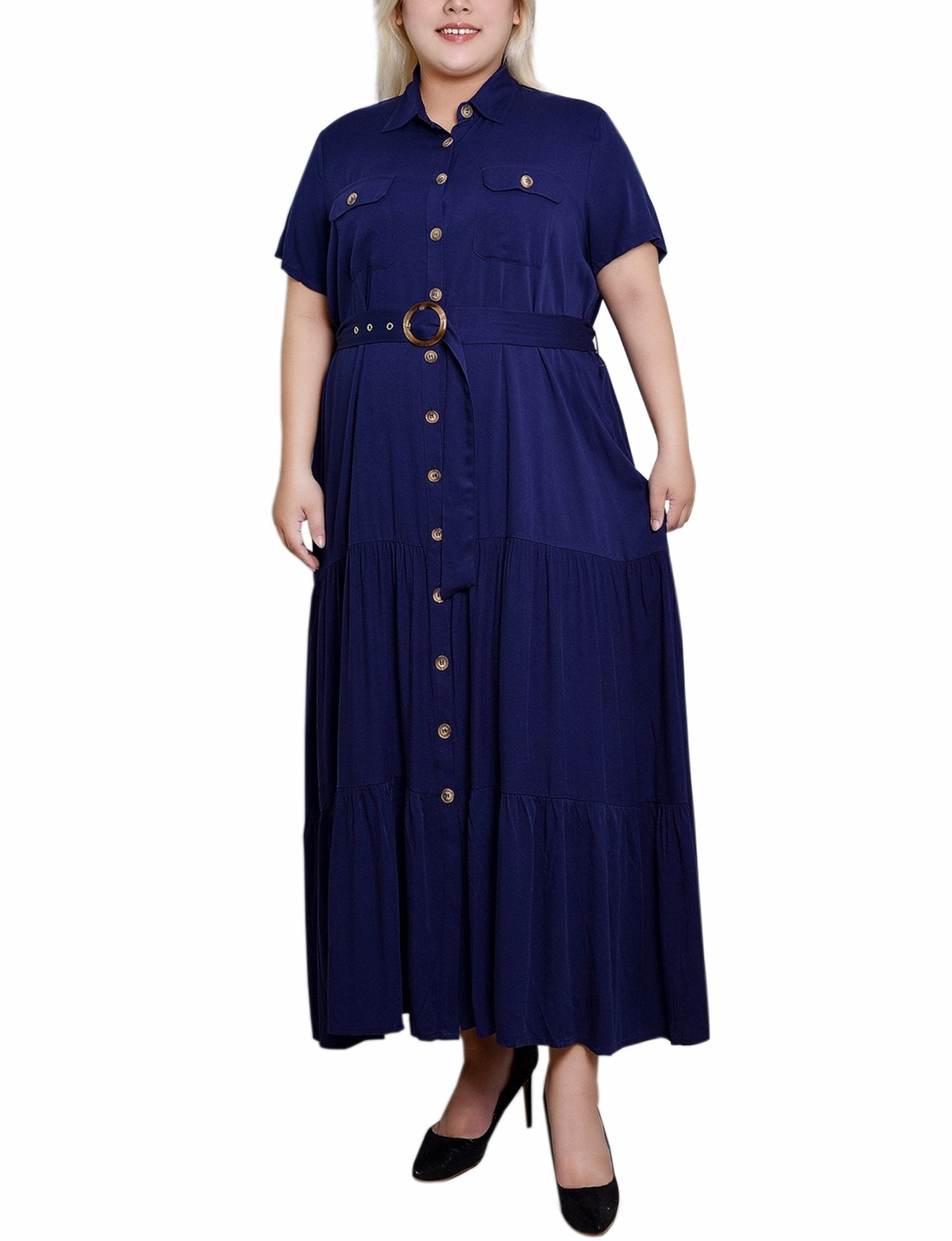 Navy Short Sleeve Midi Twill Dress - Plus - DressbarnKnee Length & Midi Dresses