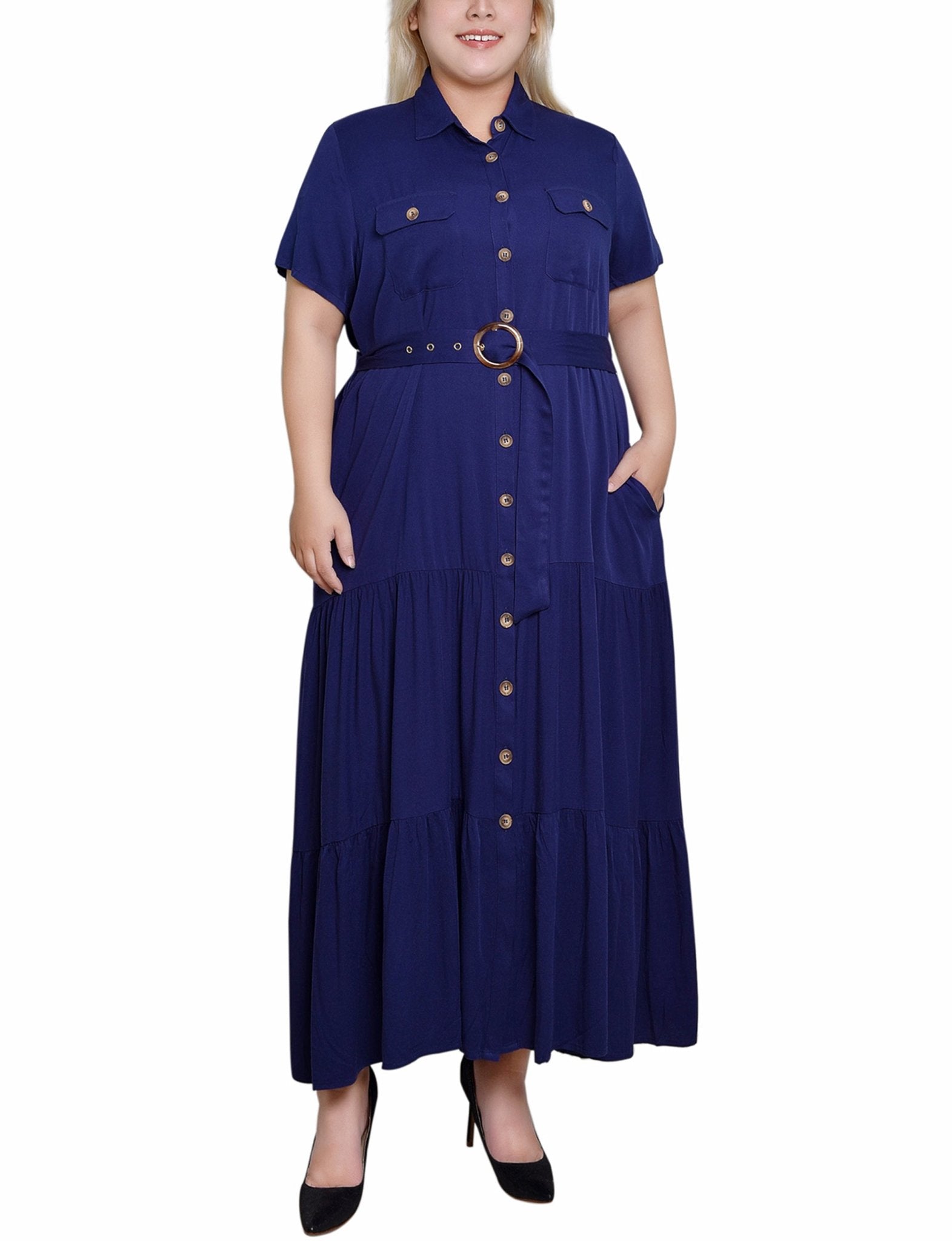 Navy Short Sleeve Midi Twill Dress - Plus - DressbarnKnee Length & Midi Dresses