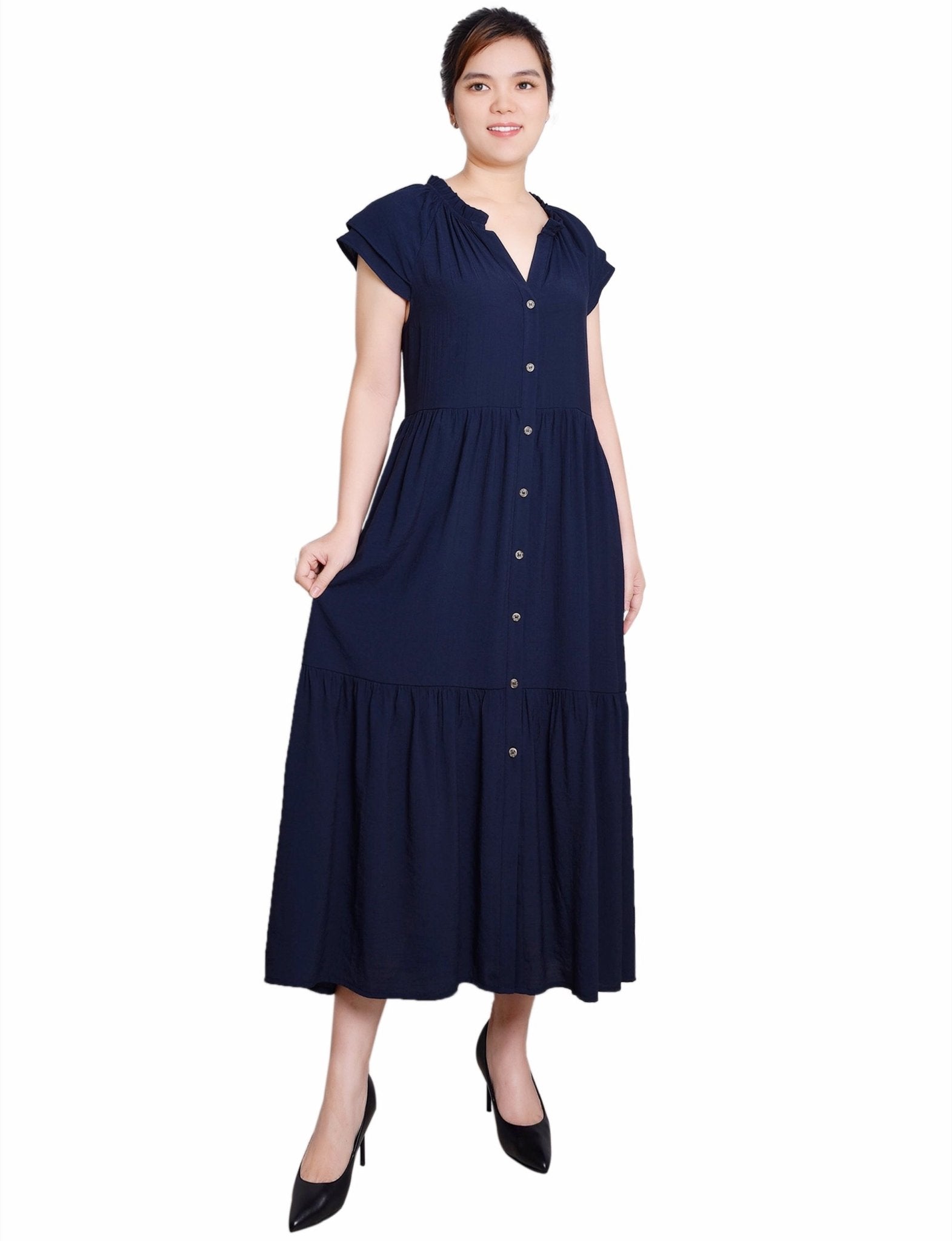 Navy Short Sleeve Slubbed Midi Dress - DressbarnKnee Length & Midi Dresses