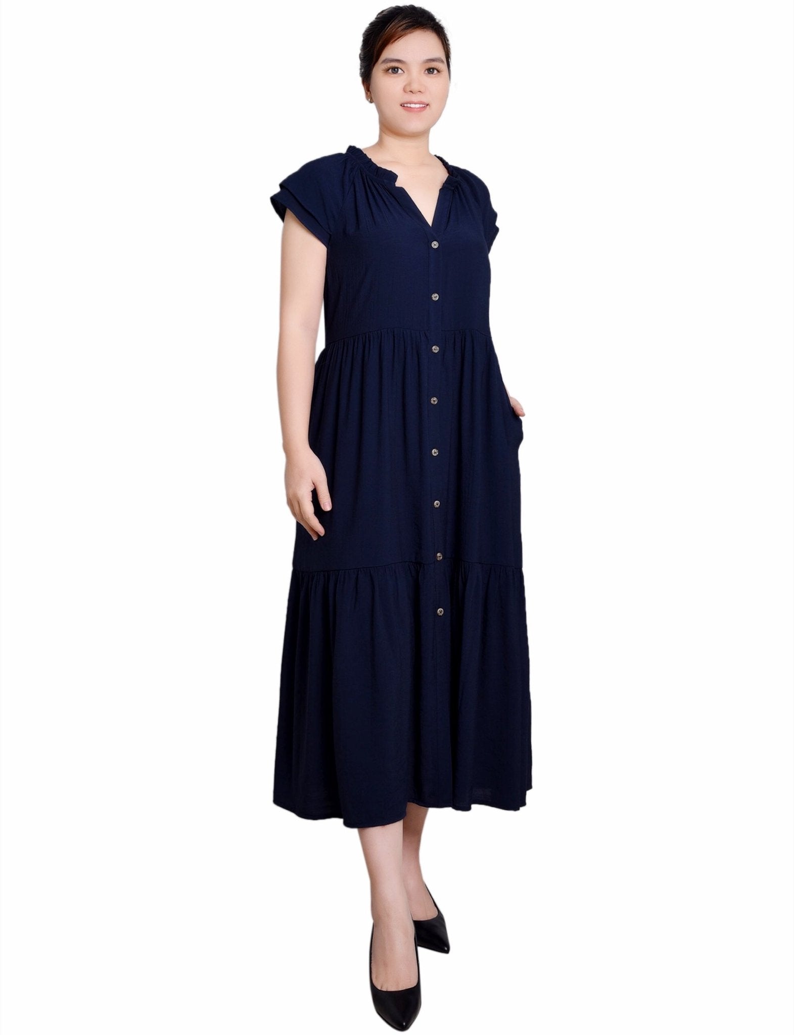Navy Short Sleeve Slubbed Midi Dress - DressbarnKnee Length & Midi Dresses