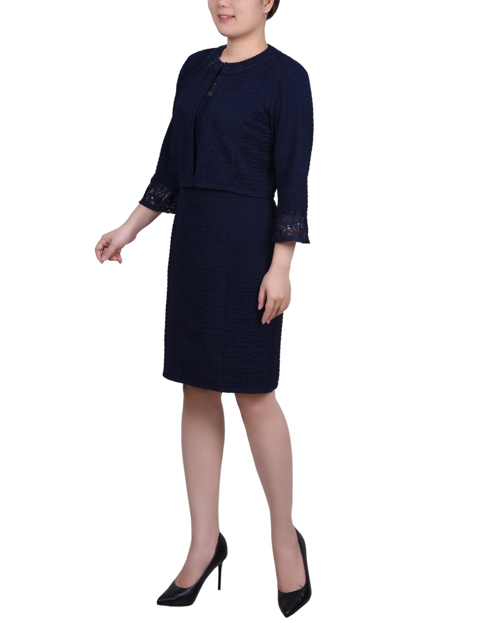 Petite Two Piece Novelty Knit and Lace Dress Set Navy / 14P Petite Two Piece Novelty Knit and Lace Dress Set Navy / 14P
