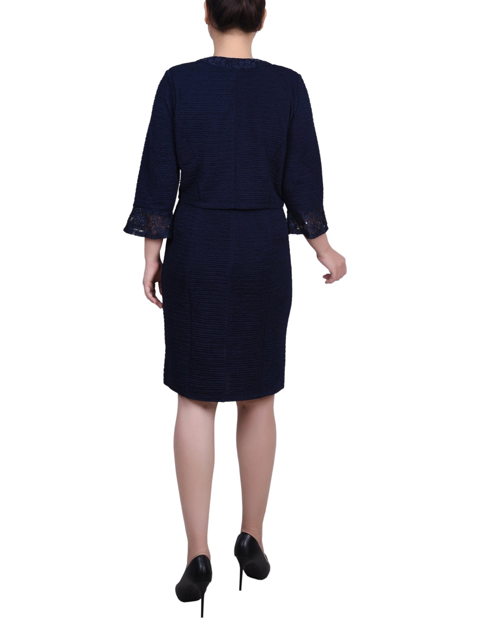 Petite Two Piece Novelty Knit and Lace Dress Set Navy / 4p Petite Two Piece Novelty Knit and Lace Dress Set Navy / 4p