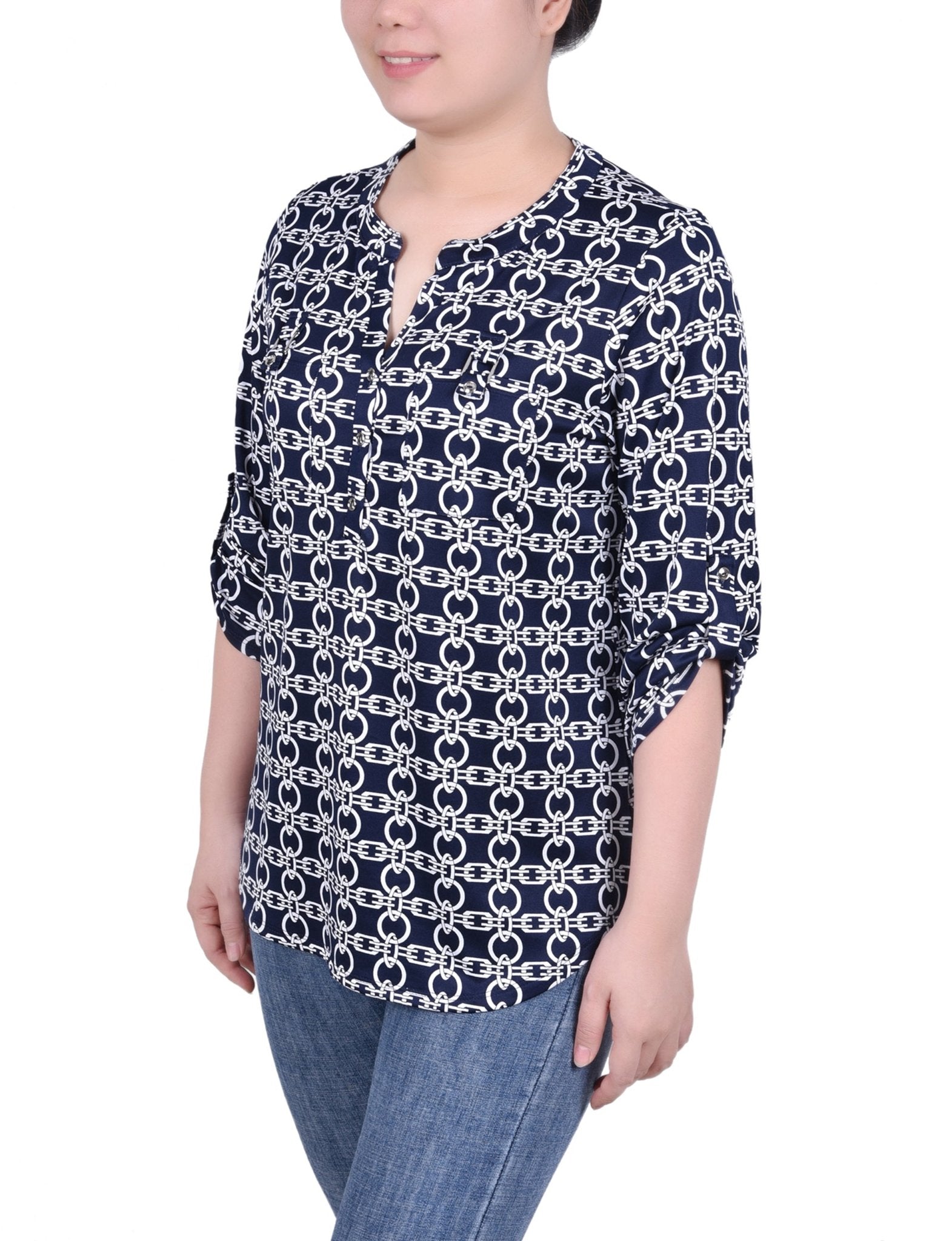 Navy White Chain Long Tab - Sleeve Top With Pockets - DressbarnBlouses