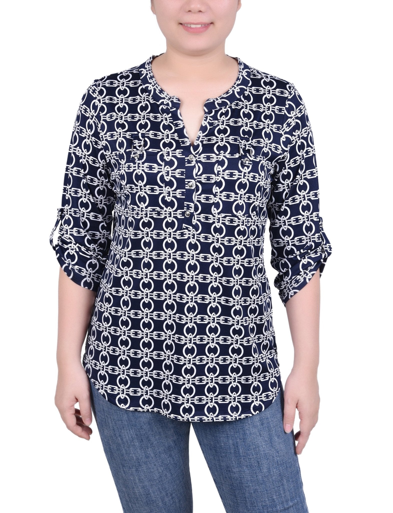 Navy White Chain Long Tab - Sleeve Top With Pockets - DressbarnBlouses