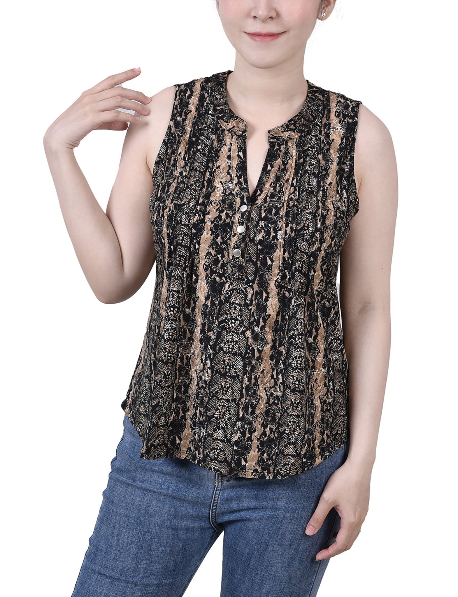 Neutral Reptileskin Sleeveless Jacquard Y Neck Top - Petite - DressbarnBlouses