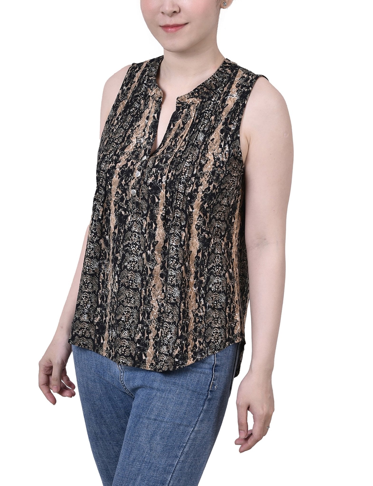 Neutral Reptileskin Sleeveless Jacquard Y Neck Top - Petite - DressbarnBlouses