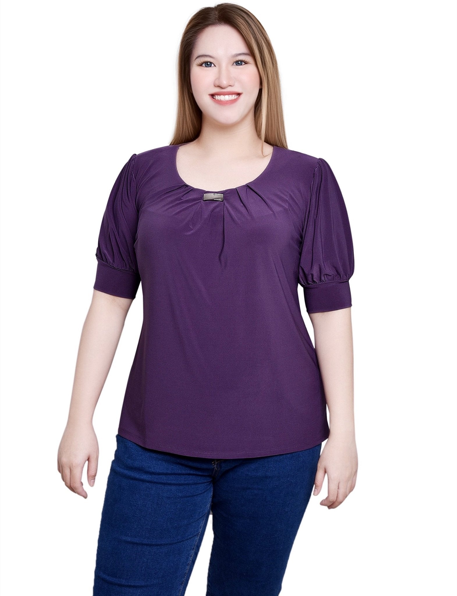 Nightshade Short Sleeve Balloon Sleeve Top With Hardware - DressbarnBlouses