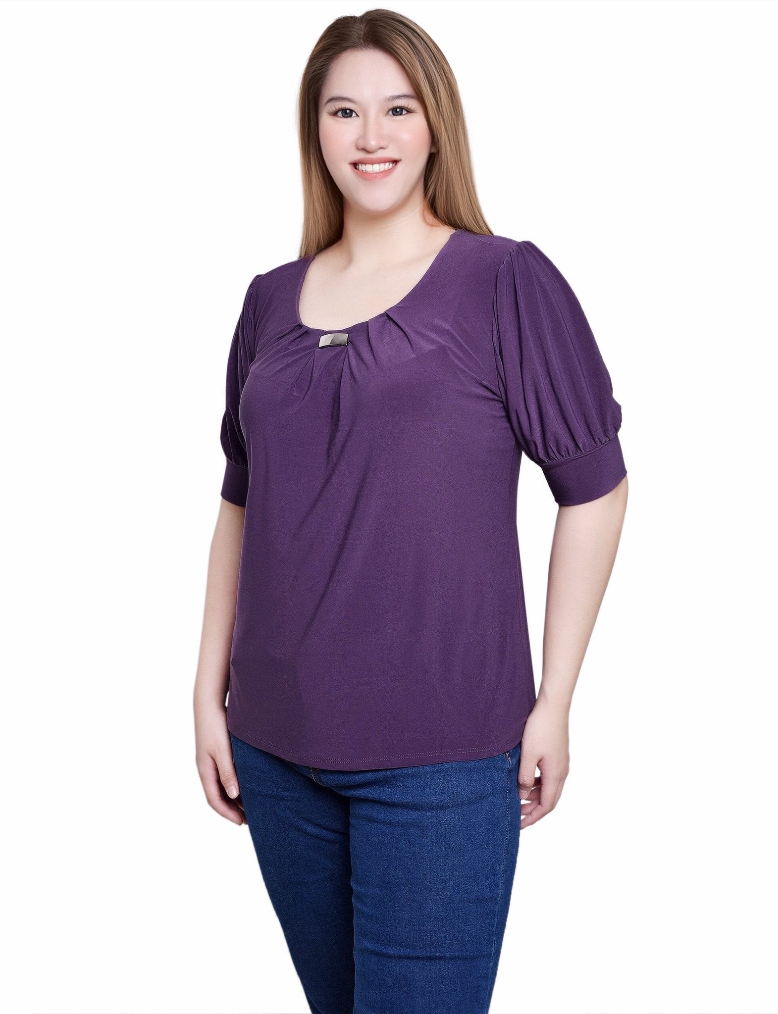 Nightshade Short Sleeve Balloon Sleeve Top With Hardware - DressbarnBlouses