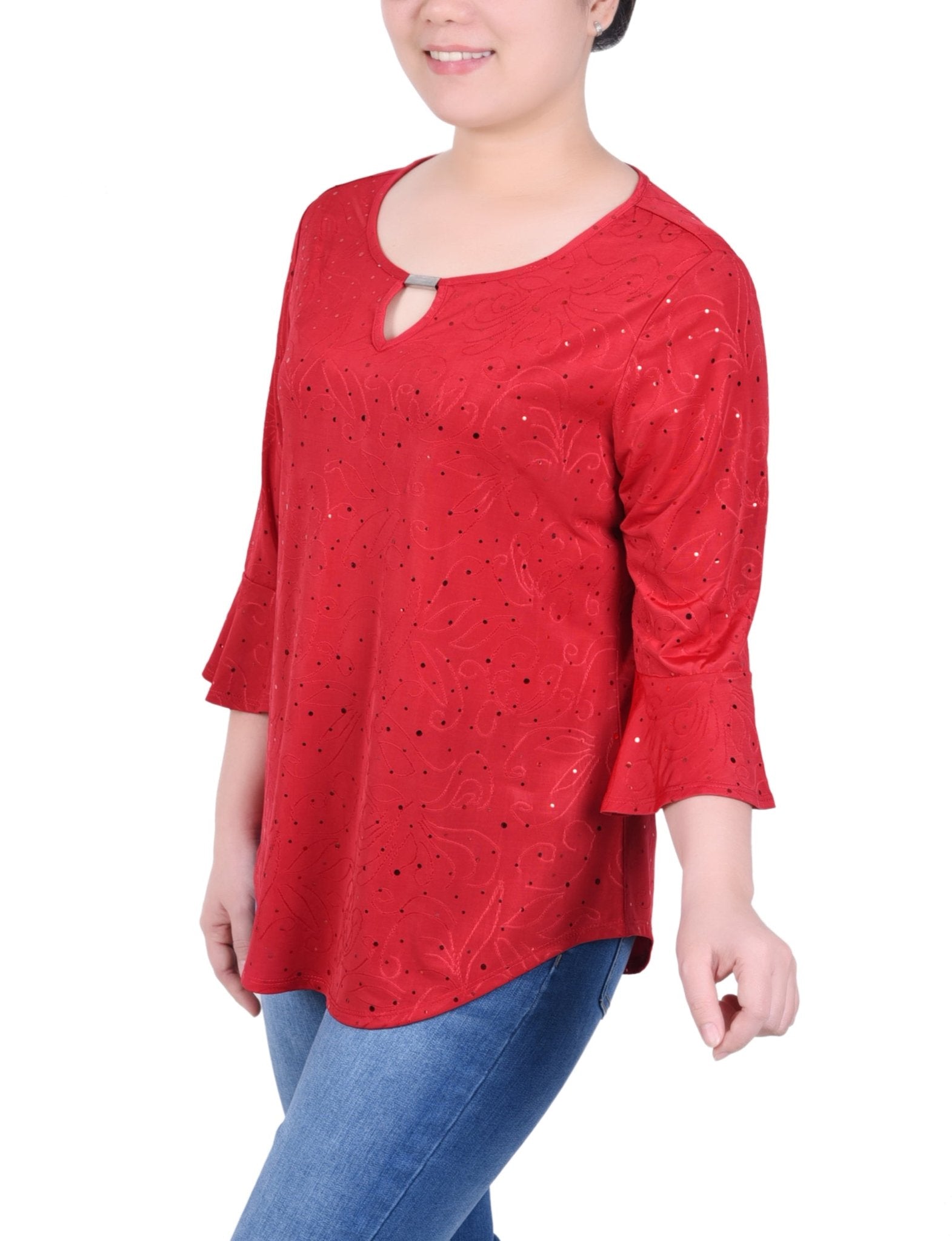 NY Collection 3/4 Bell Sleeve Top With Hardware - Petite - DressbarnShirts & Blouses
