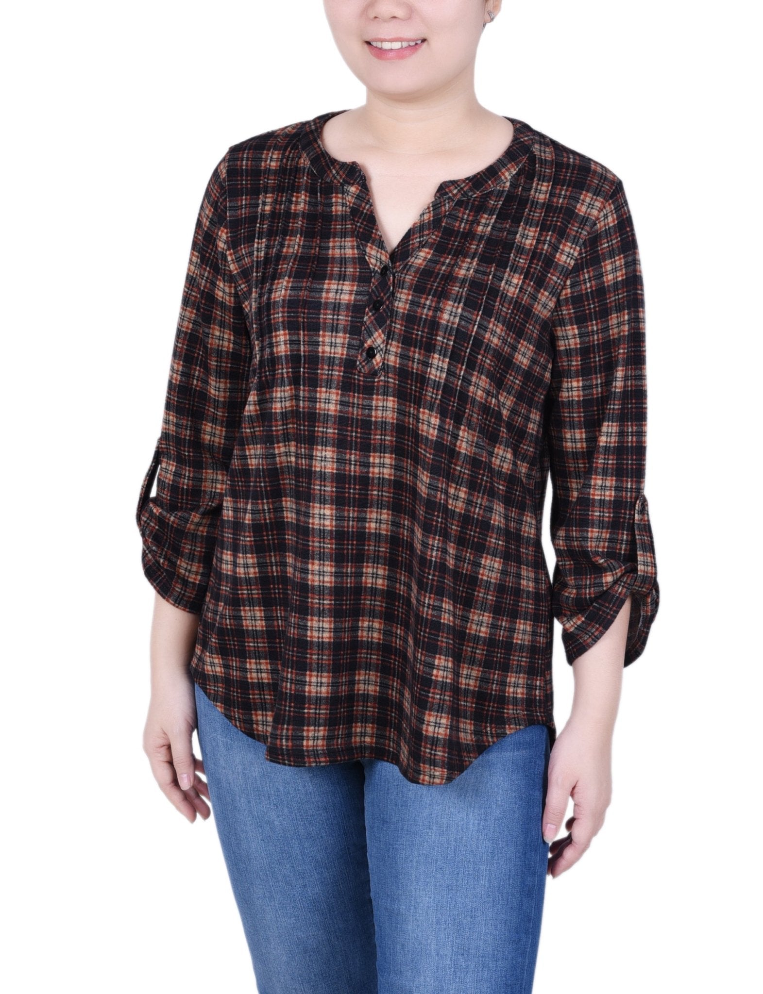 NY Collection 3/4 Roll Sleeve Top - Petite - DressbarnShirts & Blouses
